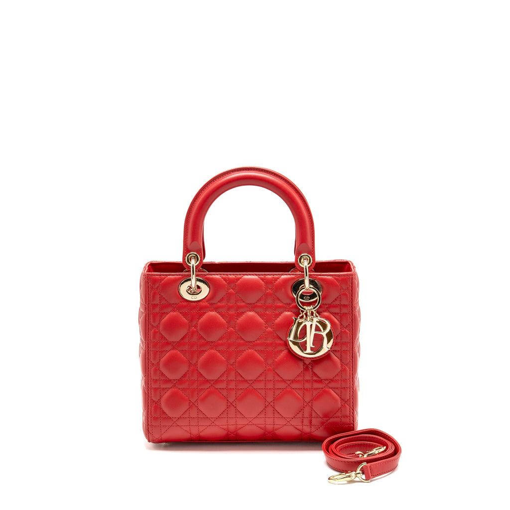 DIOR MEDIUM LADY DIOR LAMBSKIN RED LGHW