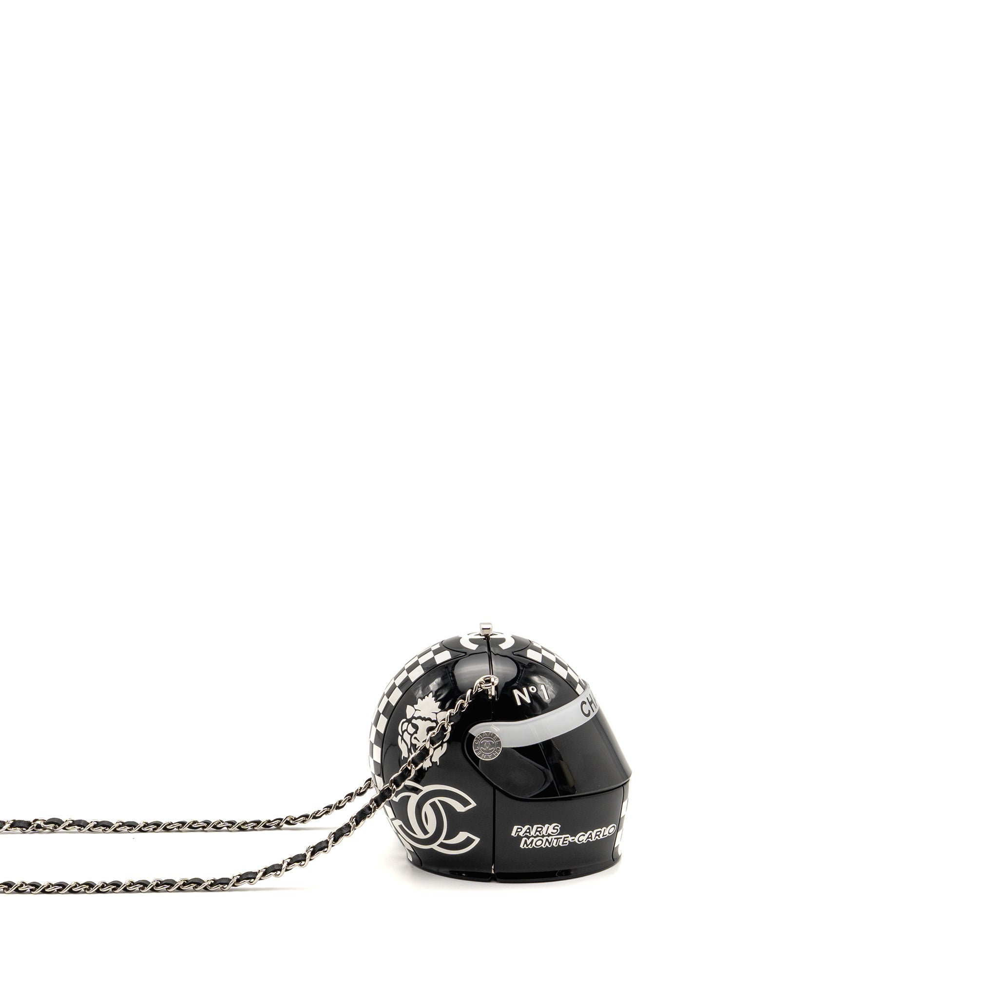 CHANEL MONTE CARLO HELMET MINAUDIERE CLUTCH BAG PLEXI/STRASS BLACK/WHITE SHW (MICROCHIP)