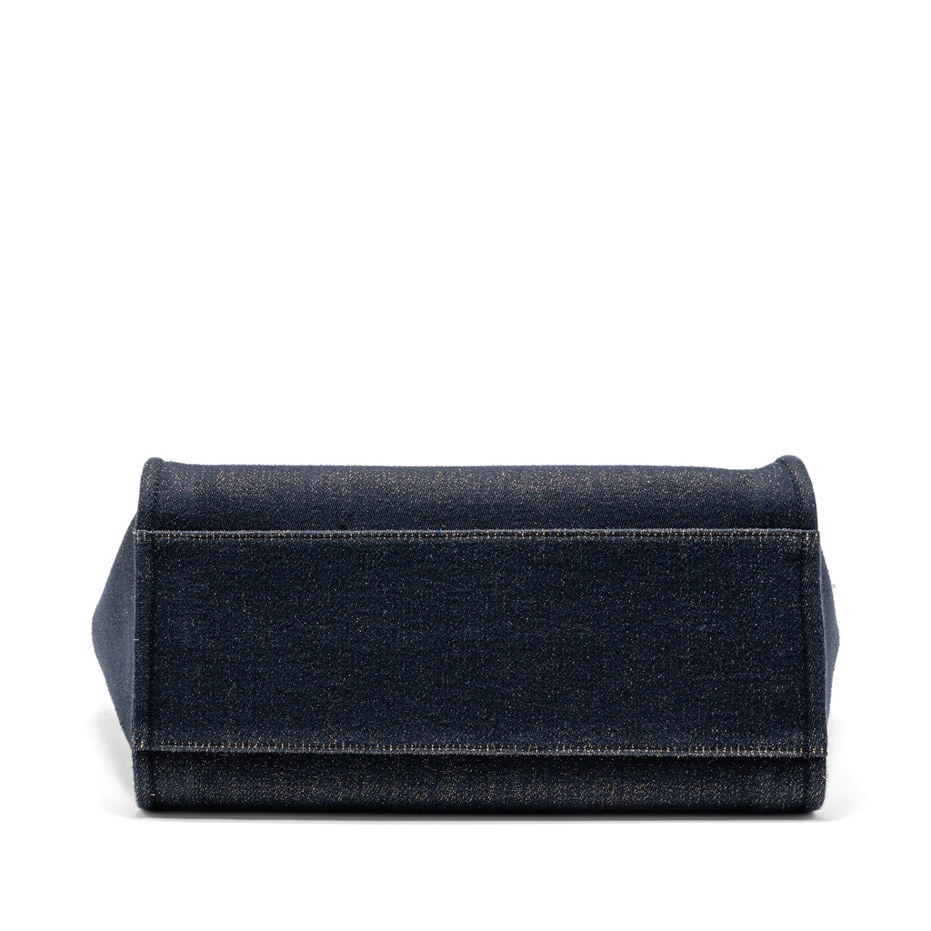 CHANEL LARGE DEAUVILLE TOTE SHOPPING BAG DENIM/LEATHER NAVY BLUE/GOLD GHW