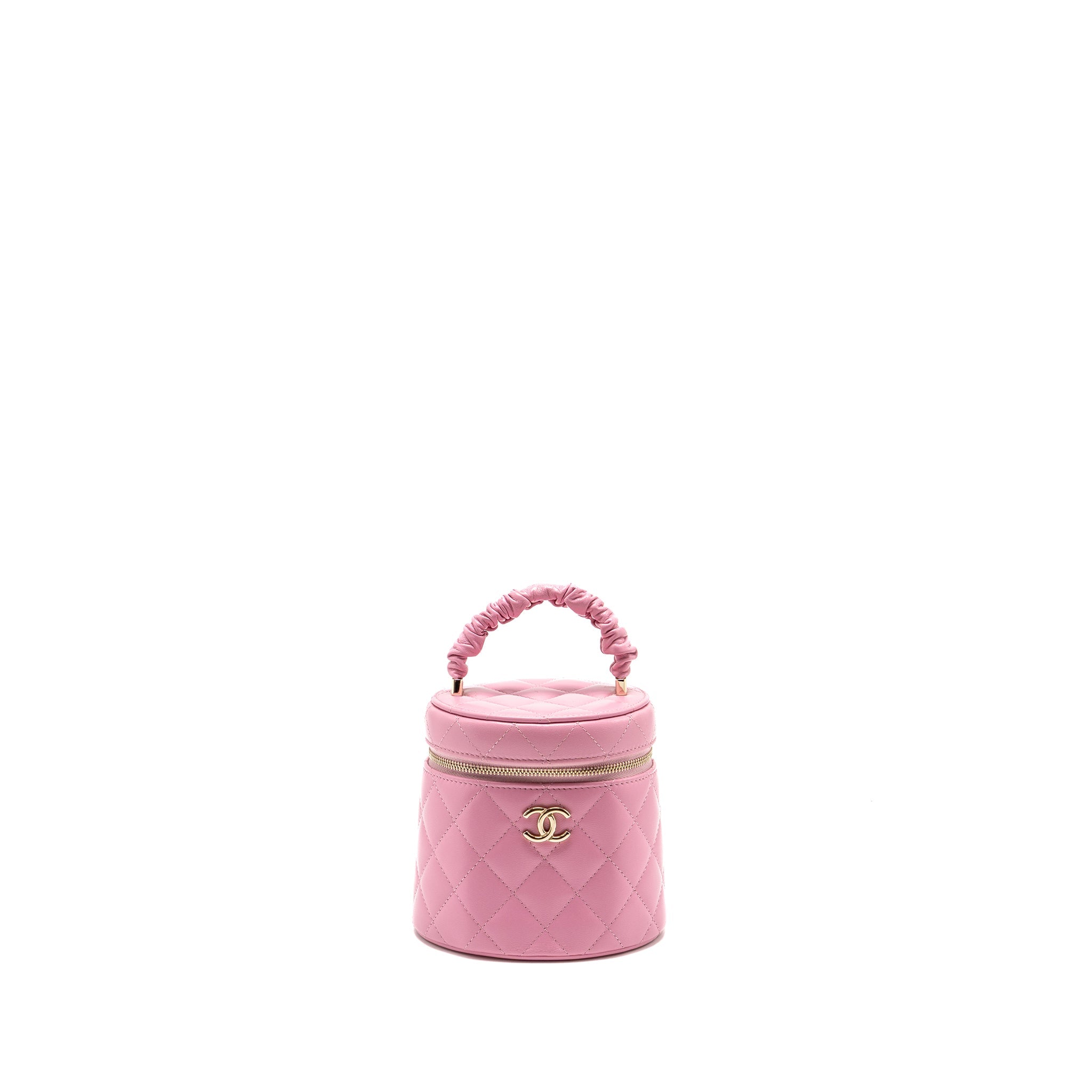 CHANEL TOP HANDLE ROUND VANITY CASE LAMBSKIN PINK LGHW