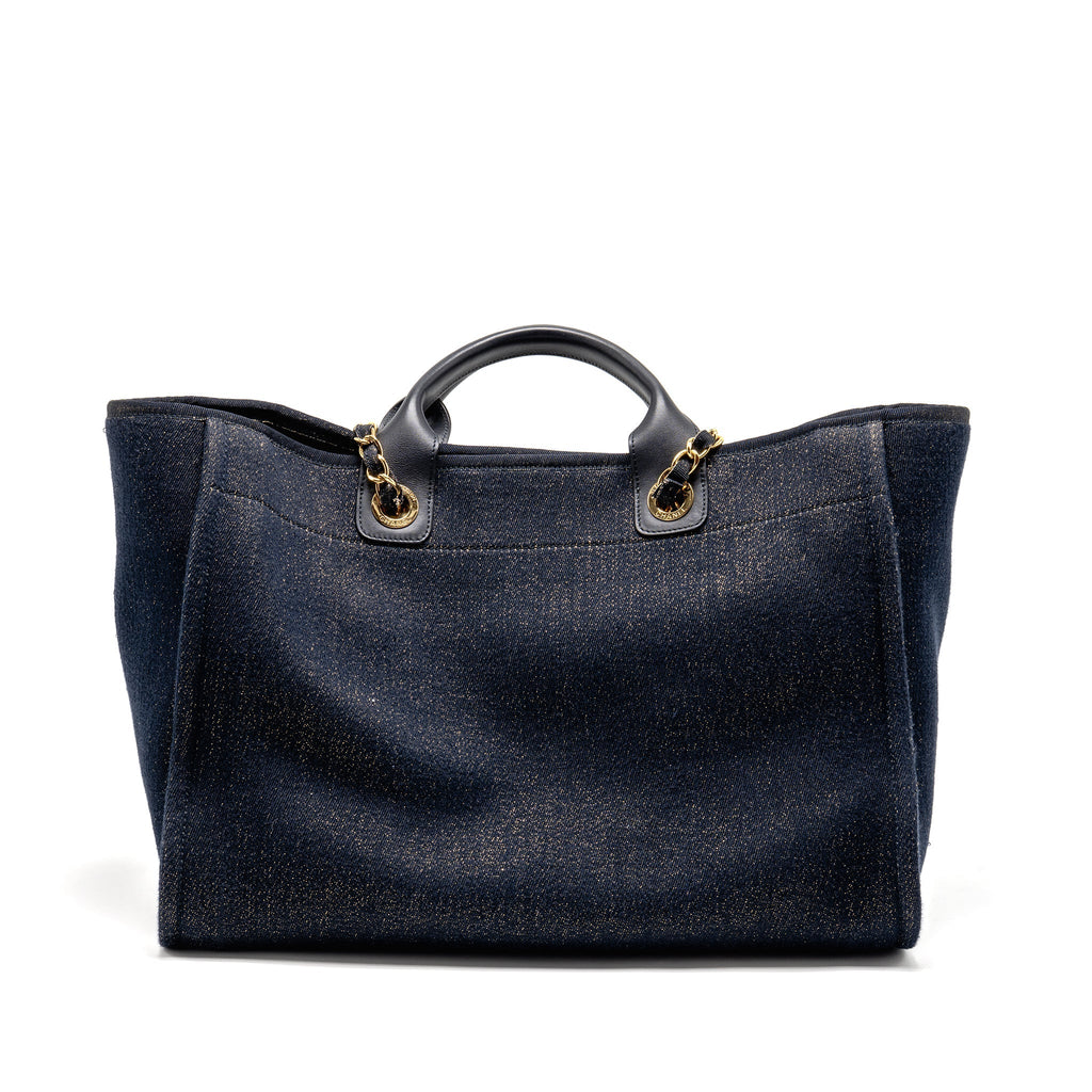 CHANEL LARGE DEAUVILLE TOTE SHOPPING BAG DENIM/LEATHER NAVY BLUE/GOLD GHW