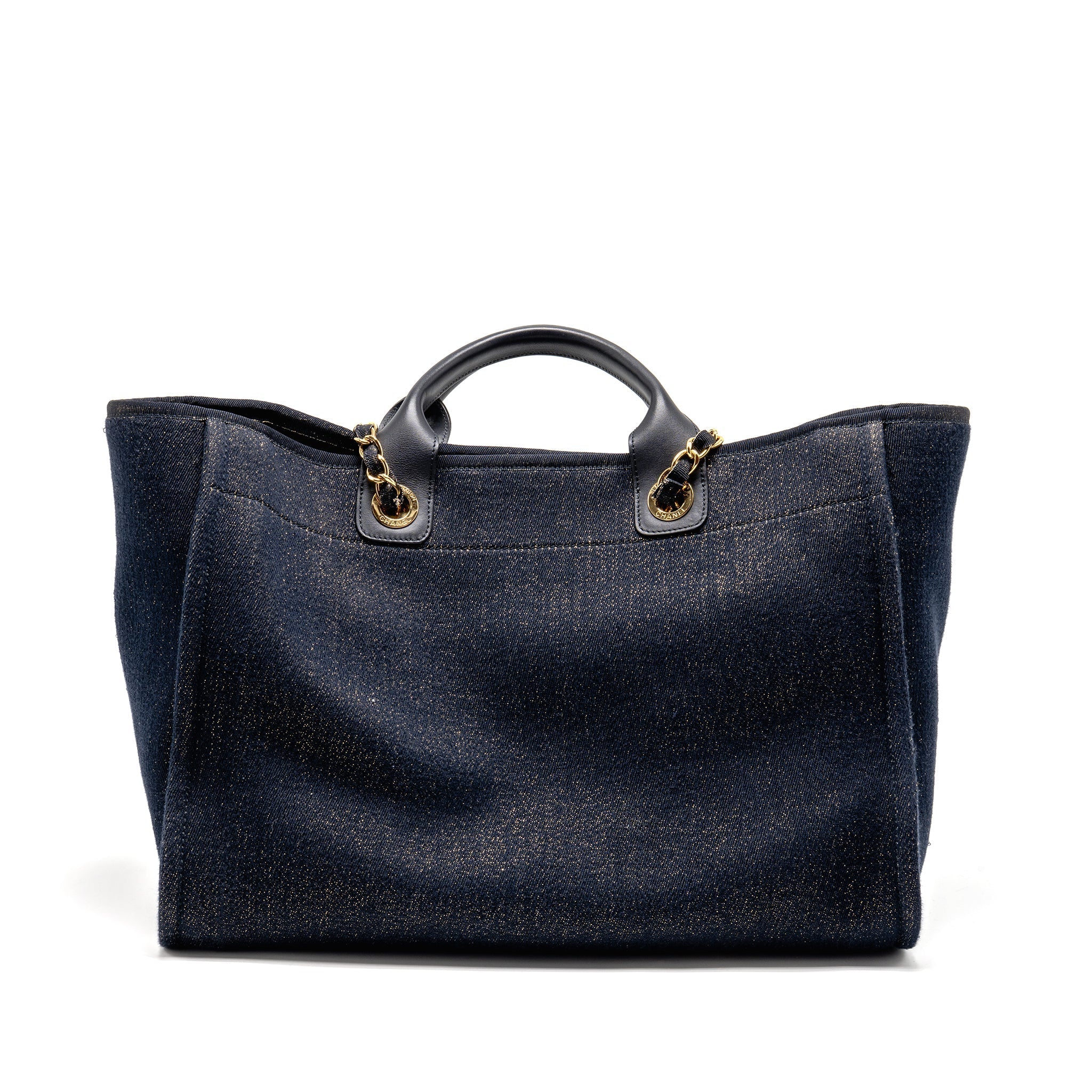 CHANEL LARGE DEAUVILLE TOTE SHOPPING BAG DENIM/LEATHER NAVY BLUE/GOLD GHW