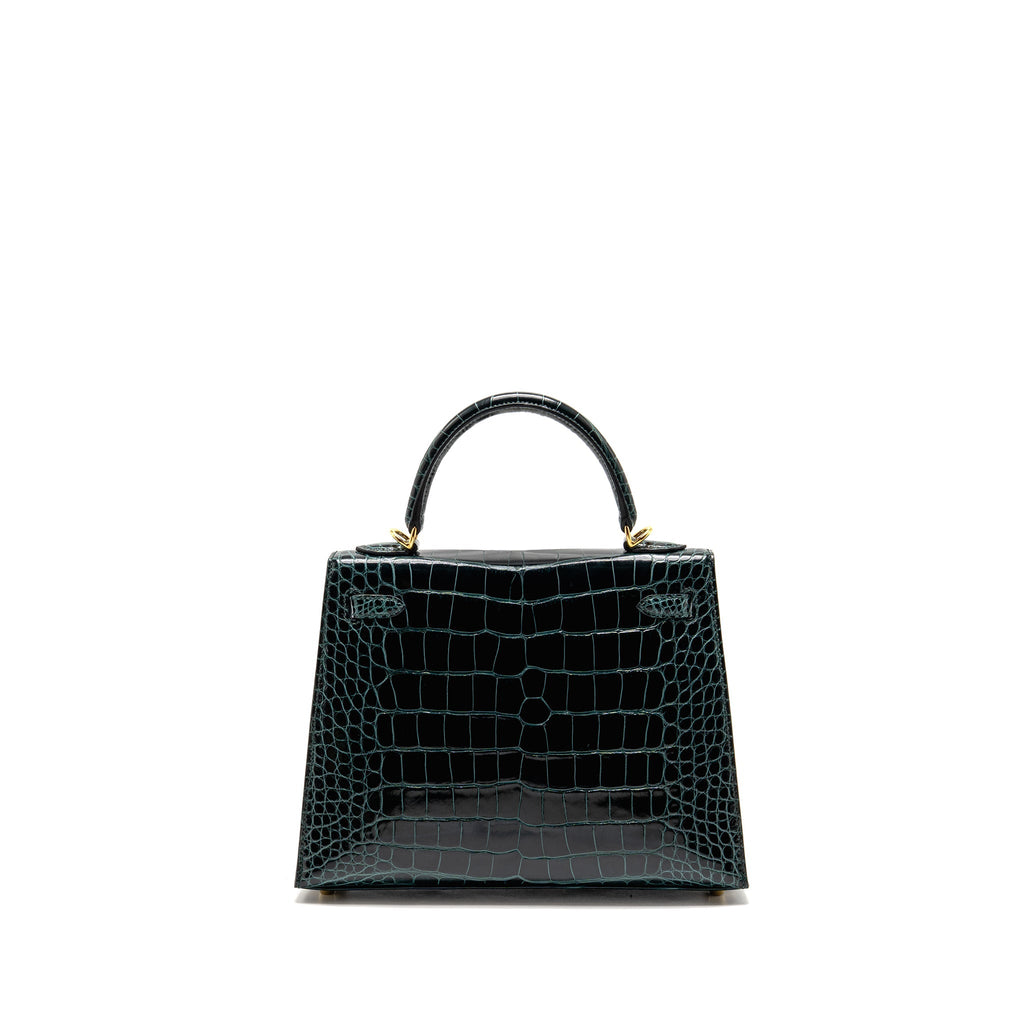 HERMES KELLY 25 SHINY ALLIGATOR MISSISSIPPIENSIS VERT CYPRES GHW