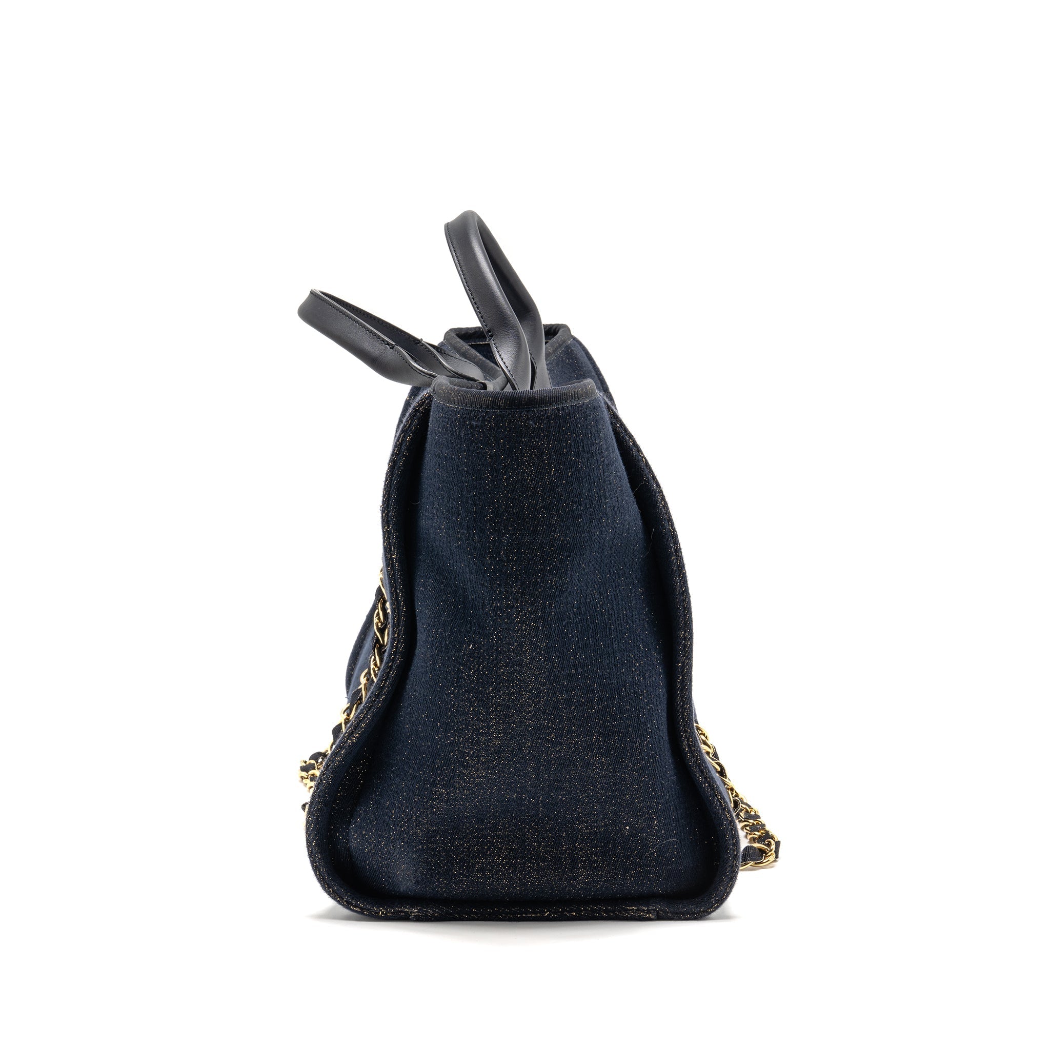 CHANEL LARGE DEAUVILLE TOTE SHOPPING BAG DENIM/LEATHER NAVY BLUE/GOLD GHW