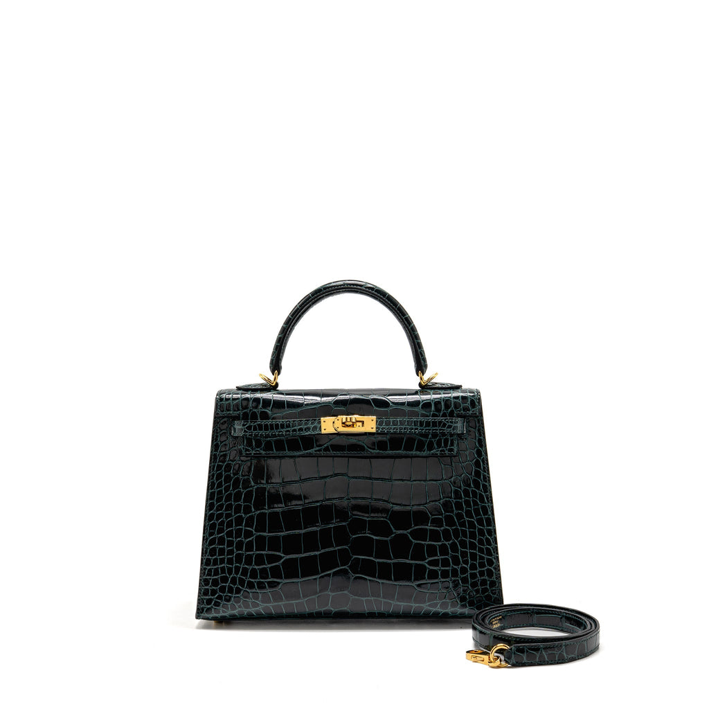 HERMES KELLY 25 SHINY ALLIGATOR MISSISSIPPIENSIS VERT CYPRES GHW