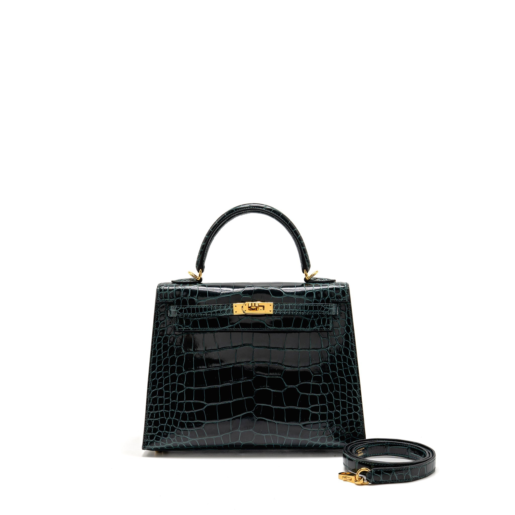 HERMES KELLY 25 SHINY ALLIGATOR MISSISSIPPIENSIS VERT CYPRES GHW