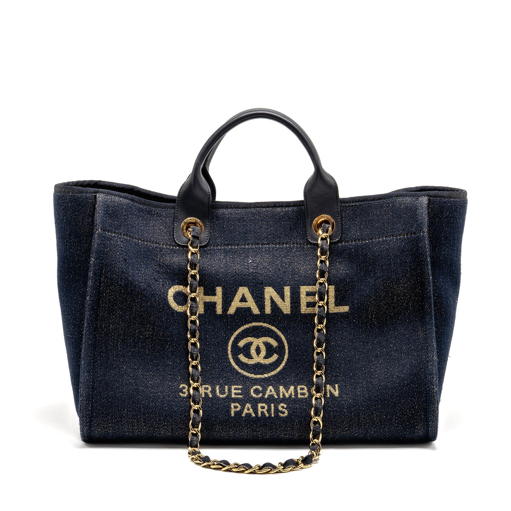 CHANEL LARGE DEAUVILLE TOTE SHOPPING BAG DENIM/LEATHER NAVY BLUE/GOLD GHW
