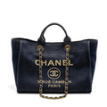 CHANEL LARGE DEAUVILLE TOTE SHOPPING BAG DENIM/LEATHER NAVY BLUE/GOLD GHW