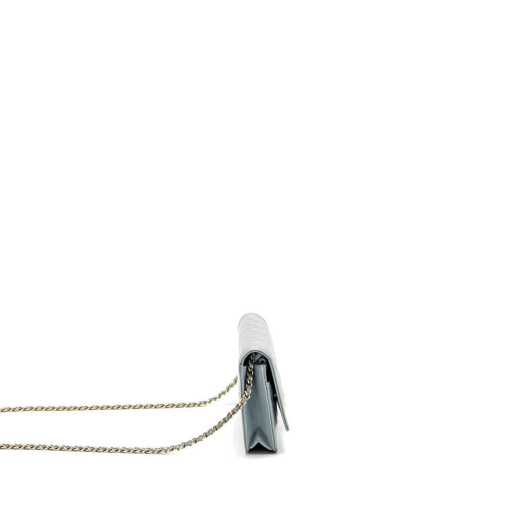 CHANEL BOY WALLET ON CHAIN PATENT CALFSKIN IRIDESCENT LIGHT BLUE LGHW