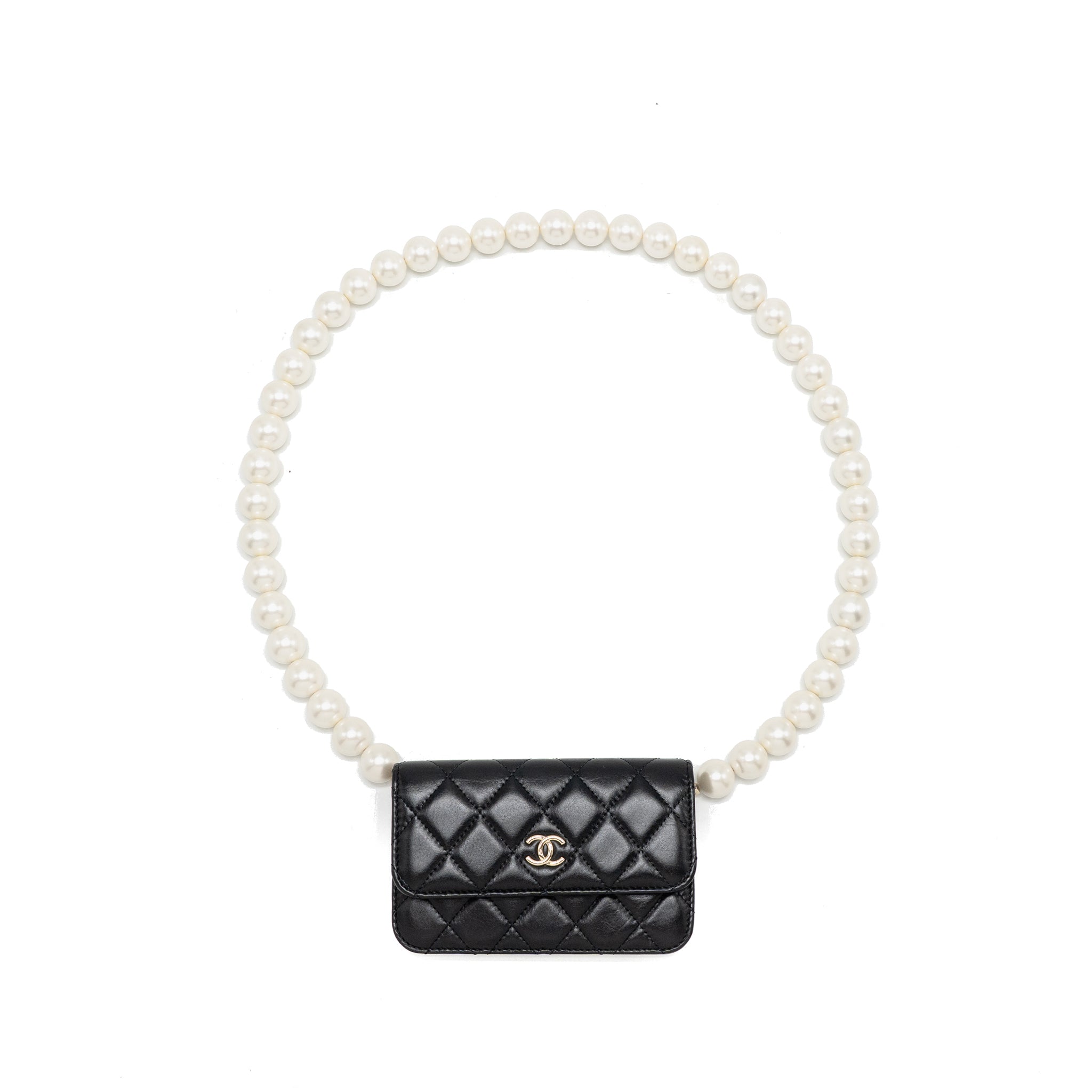 CHANEL CARD HOLDER WITH MAXI PEARLS CHAIN LAMBSKIN BLACK LGHW