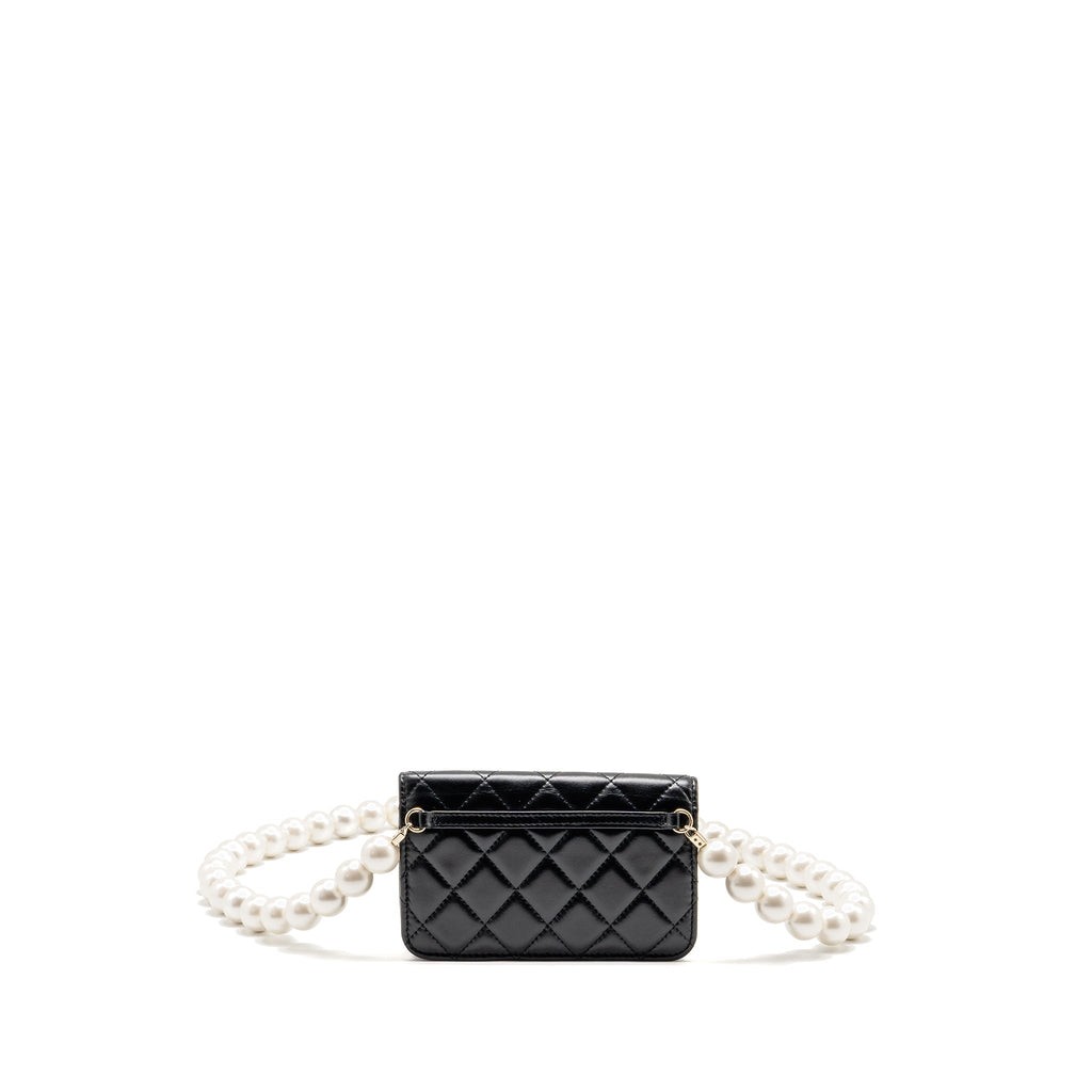 CHANEL CARD HOLDER WITH MAXI PEARLS CHAIN LAMBSKIN BLACK LGHW