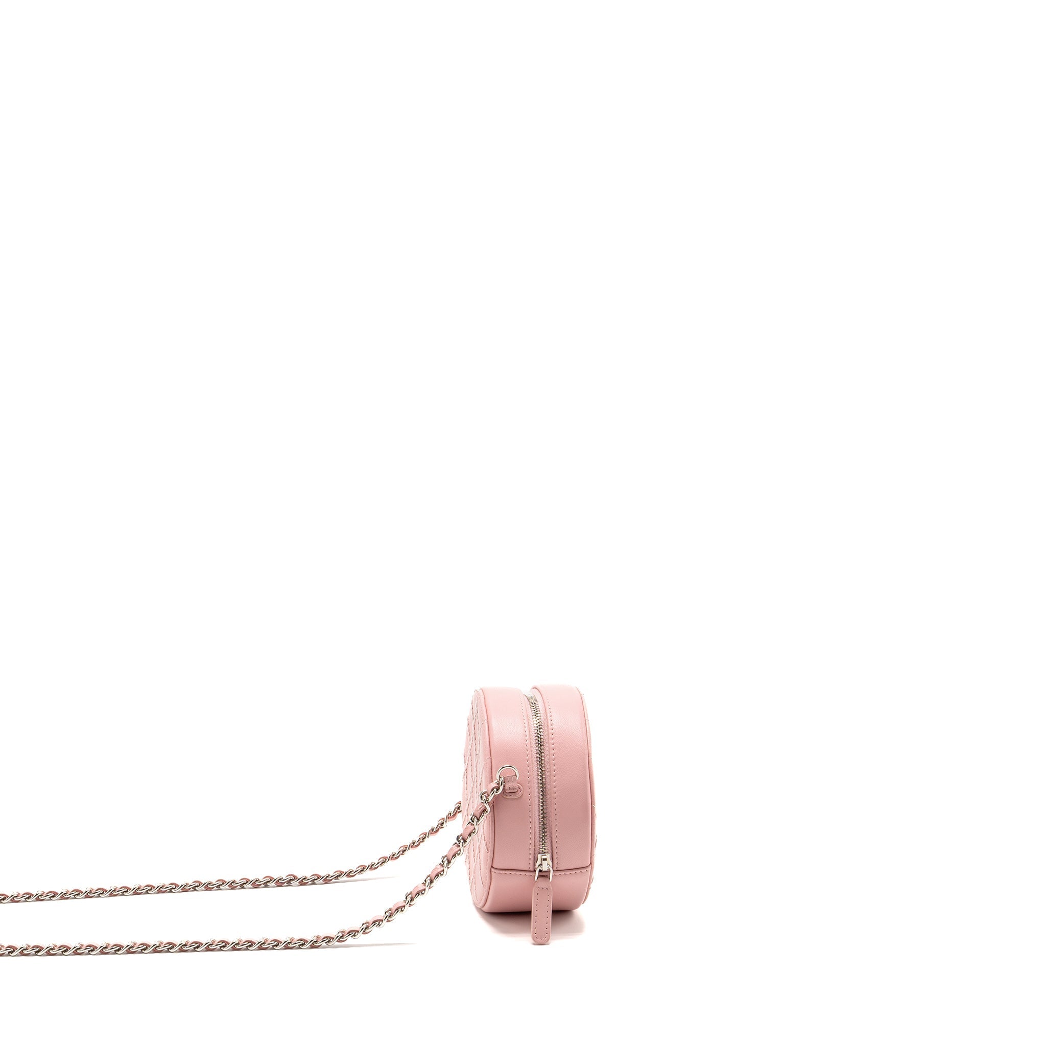 CHANEL MINI ROUND VANITY CLUTCH WITH CHAIN LAMBSKIN PINK SHW