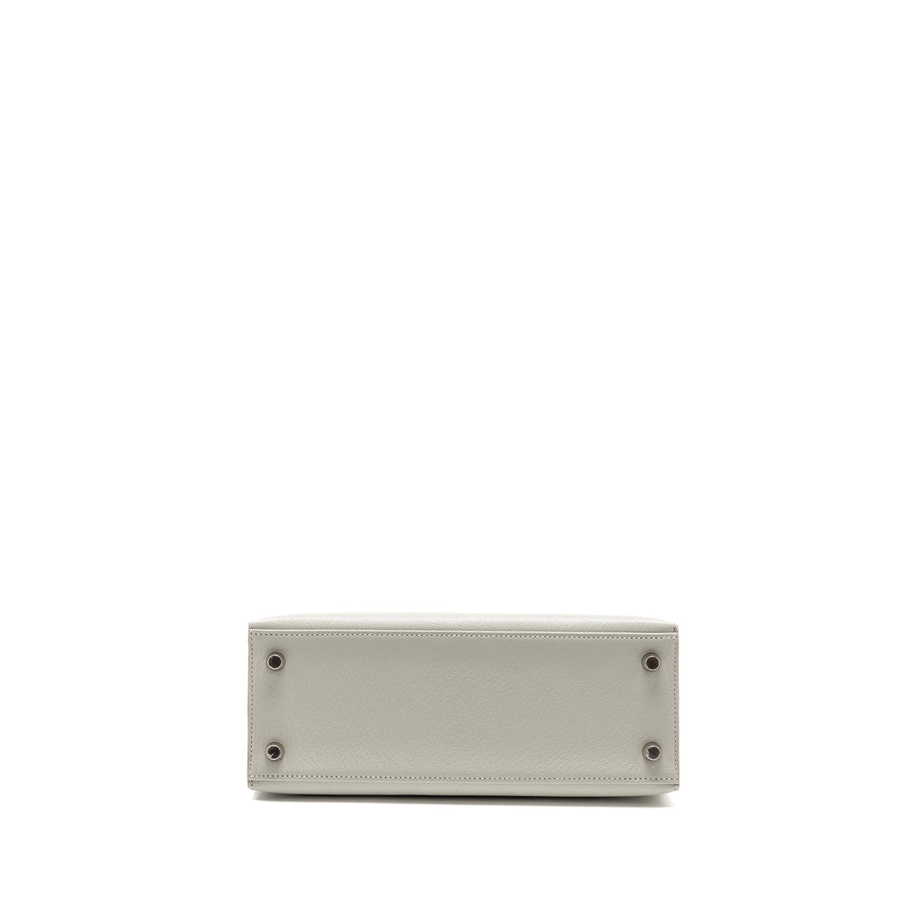 HERMES KELLY 25 SPECIAL ORDER CHÈVRE MYSORE GRIS PERLE/ETOUPE BRUSHED SHW