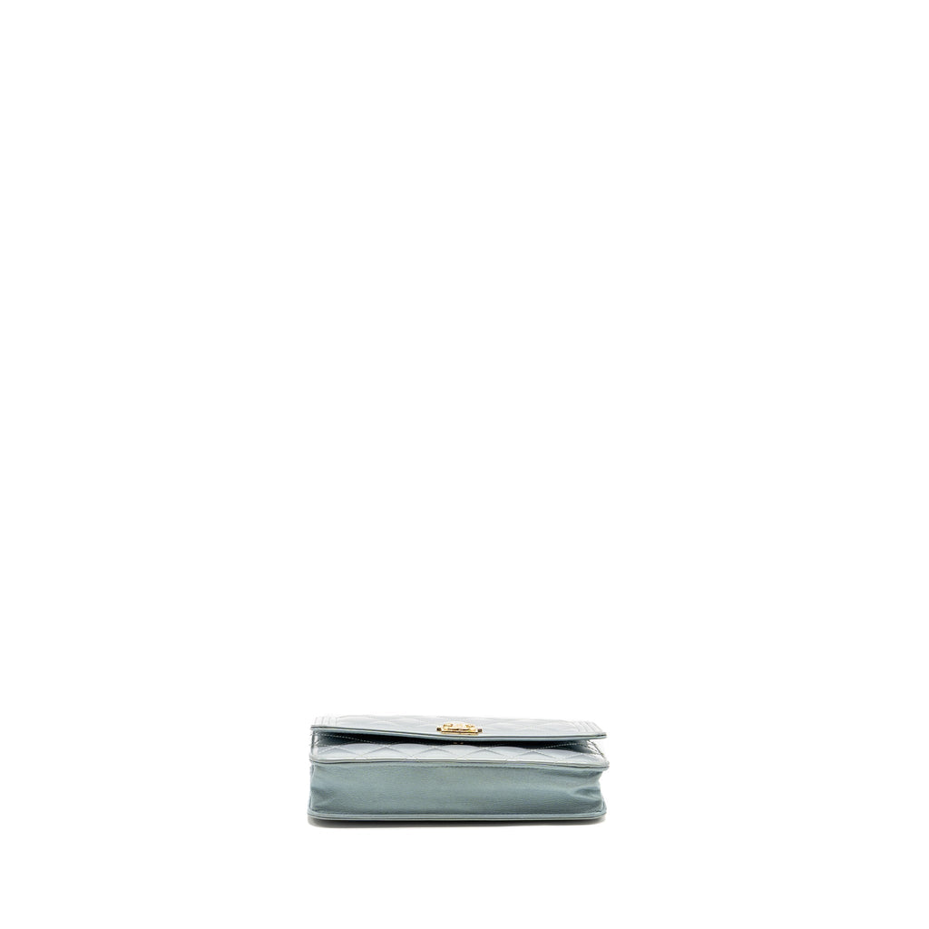 CHANEL BOY WALLET ON CHAIN PATENT CALFSKIN IRIDESCENT LIGHT BLUE LGHW