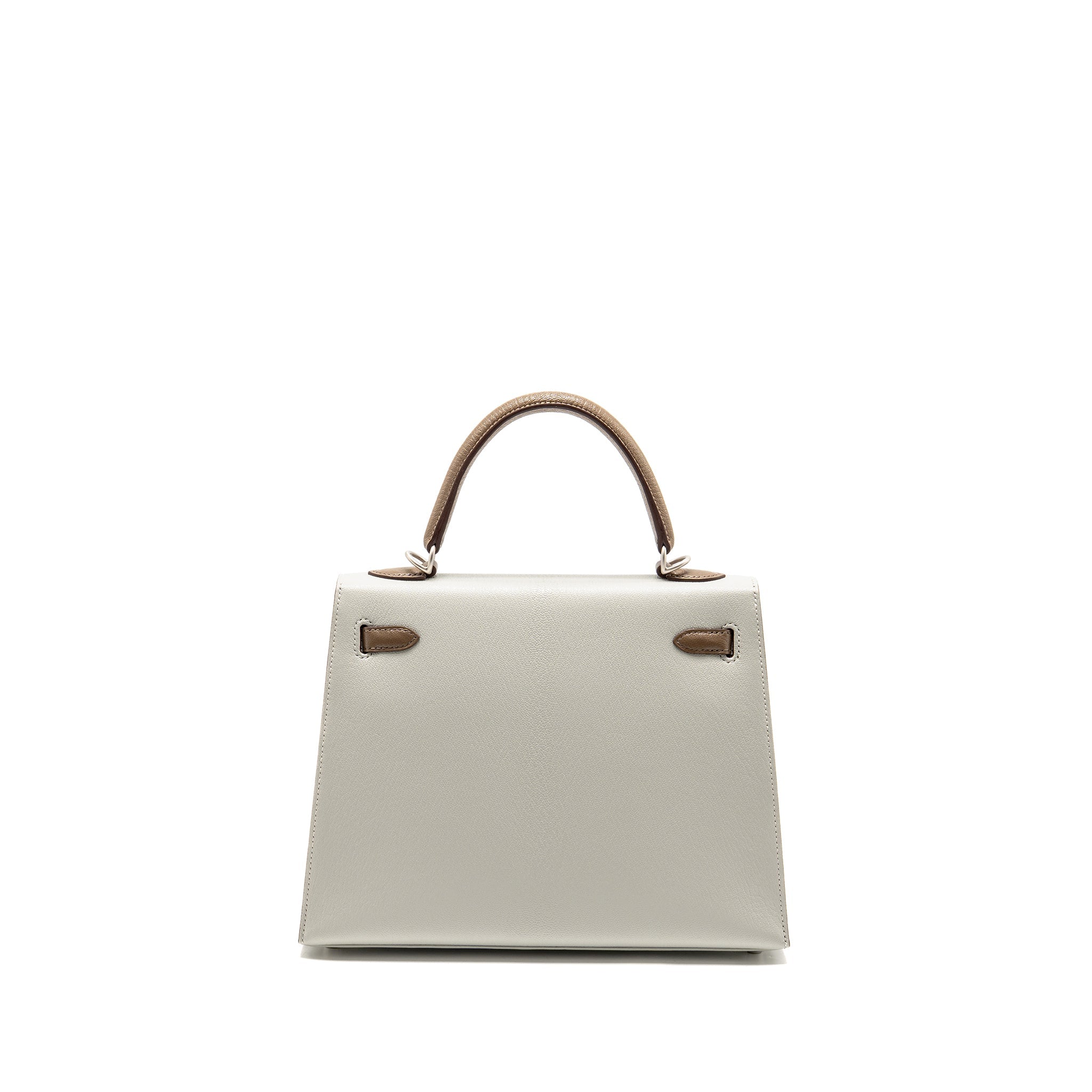 HERMES KELLY 25 SPECIAL ORDER CHÈVRE MYSORE GRIS PERLE/ETOUPE BRUSHED SHW