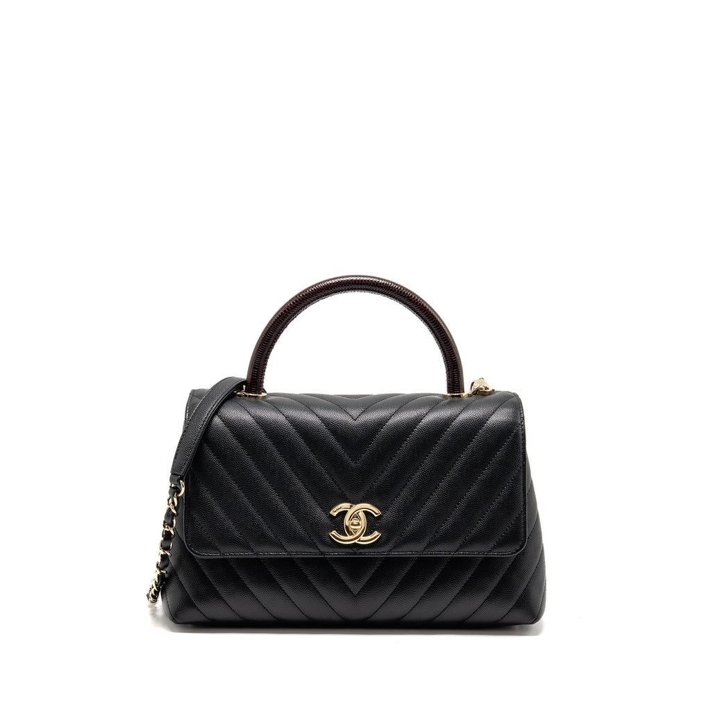 CHANEL MEDIUM CHEVRON COCO HANDLE CAVIAR BLACK / BURGUNDY HANDLE LGHW