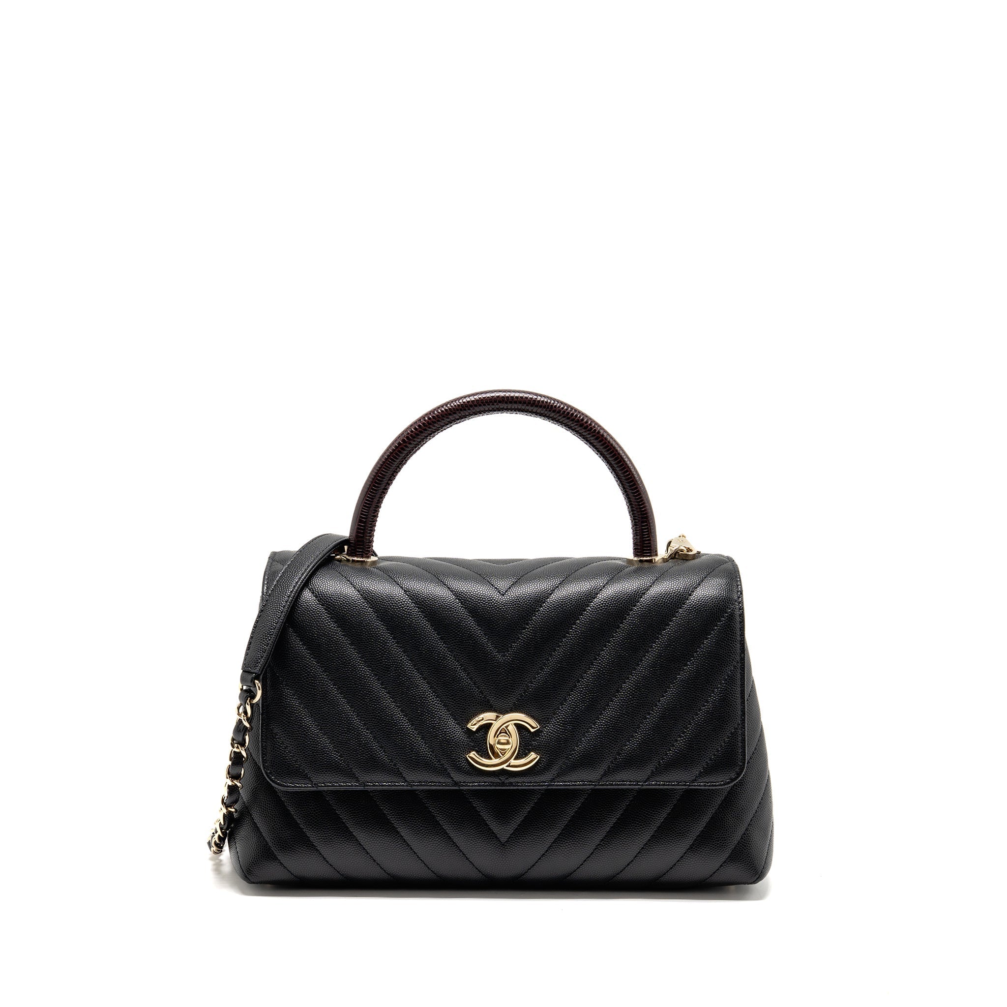 CHANEL MEDIUM CHEVRON COCO HANDLE CAVIAR BLACK / BURGUNDY HANDLE LGHW