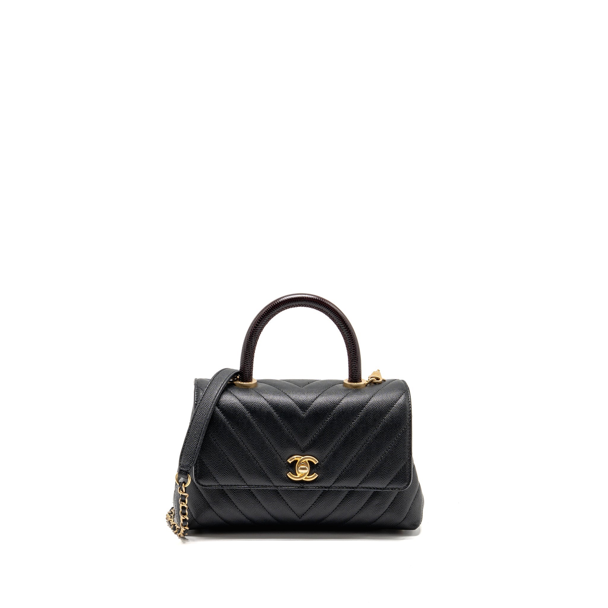 CHANEL SMALL COCO HANDLE WITH LIZARD EMBOSSED HANDLE CHEVRON CAVIAR BLACK GHW