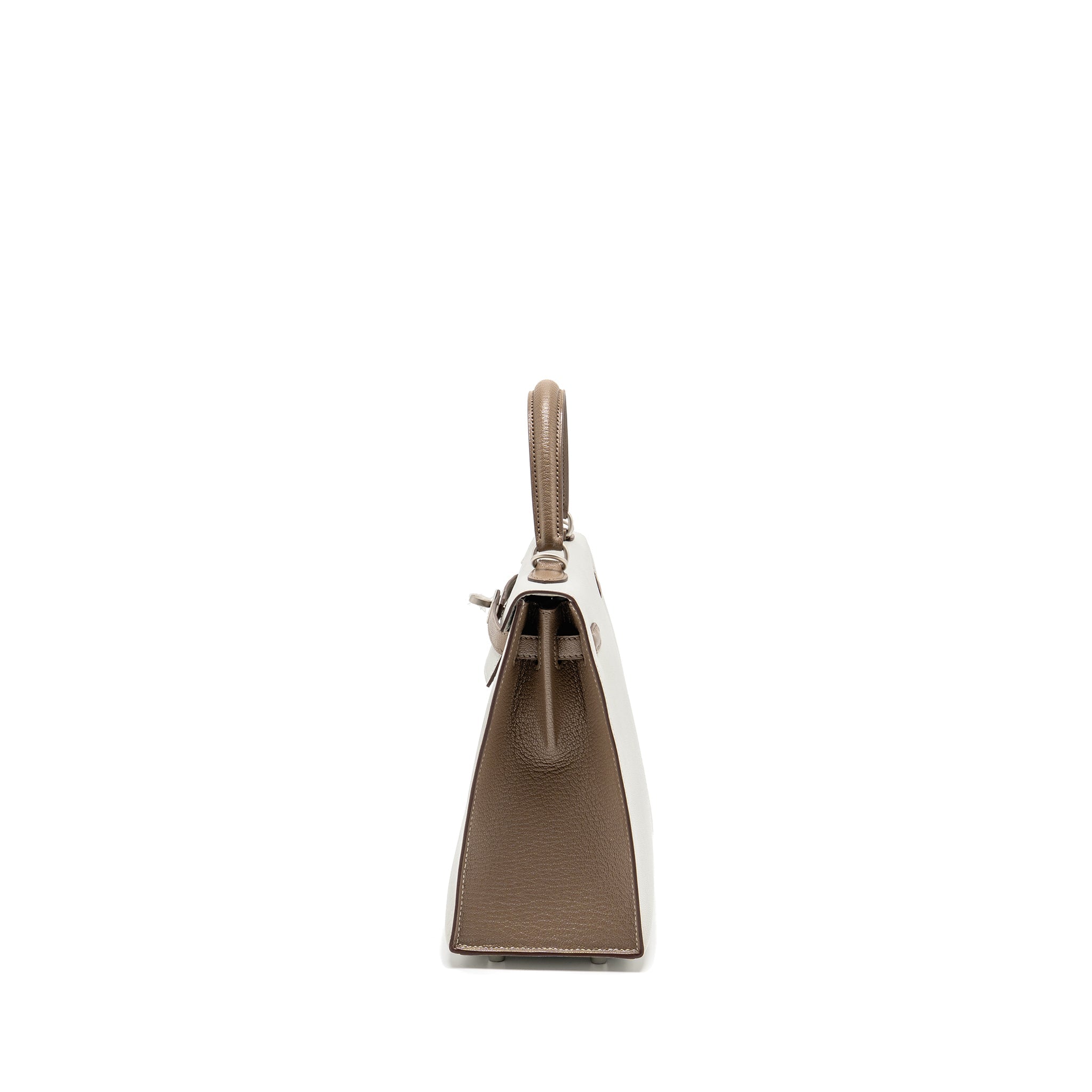 HERMES KELLY 25 SPECIAL ORDER CHÈVRE MYSORE GRIS PERLE/ETOUPE BRUSHED SHW
