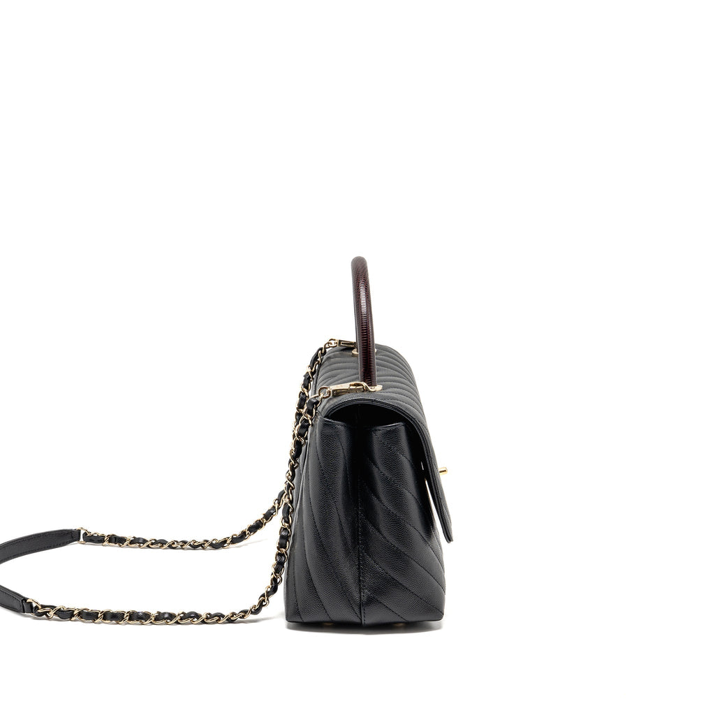 CHANEL MEDIUM CHEVRON COCO HANDLE CAVIAR BLACK / BURGUNDY HANDLE LGHW