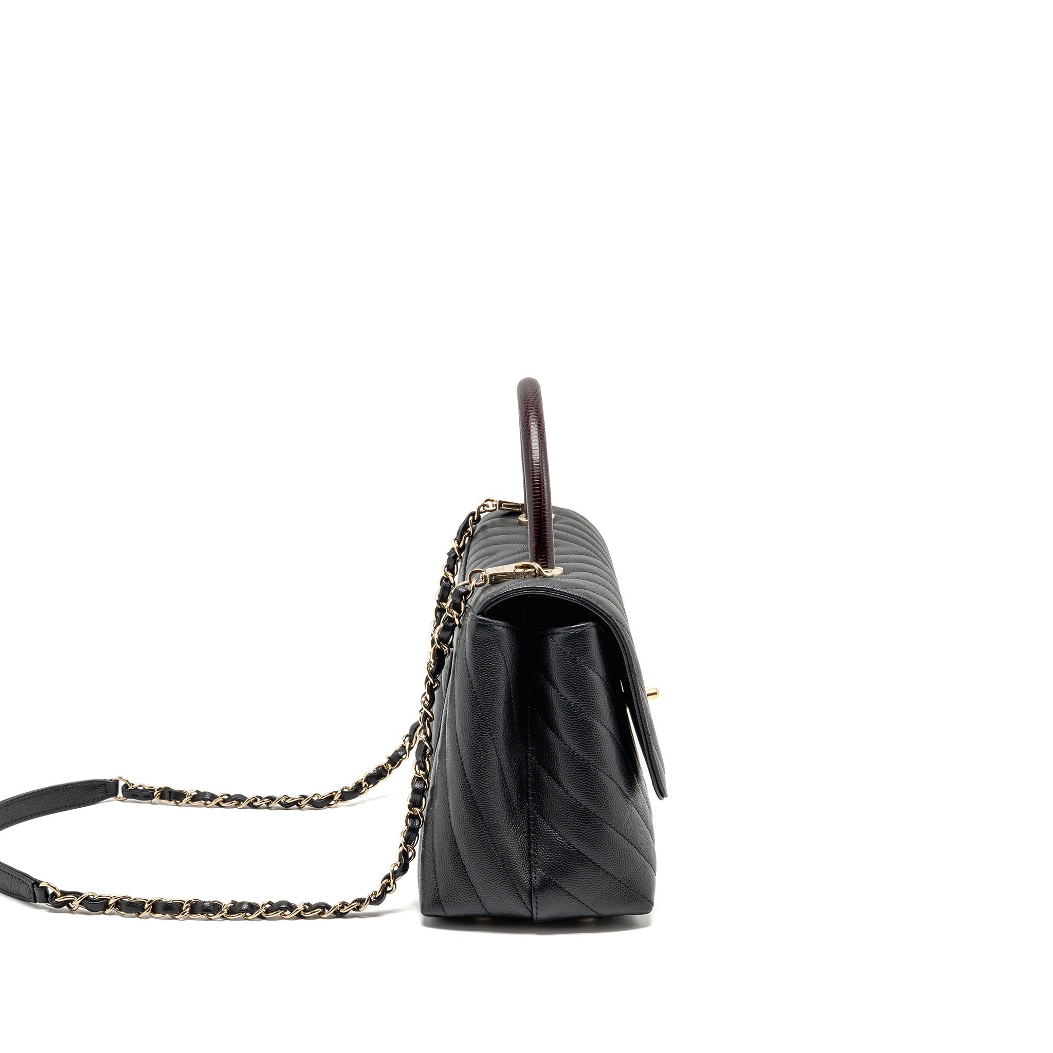 CHANEL MEDIUM CHEVRON COCO HANDLE CAVIAR BLACK / BURGUNDY HANDLE LGHW