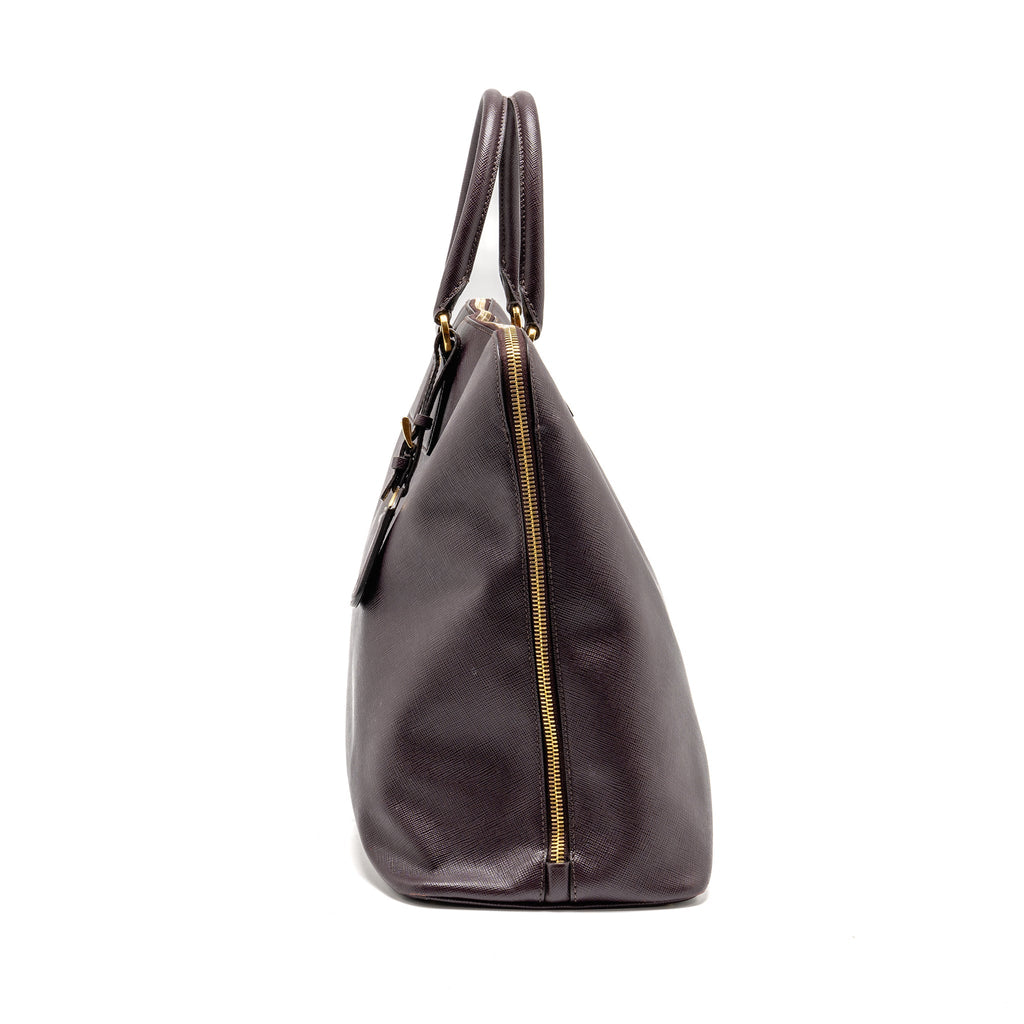 PRADA SAFFIANO VERNICE PROMENADE LARGE DOME TOTE BAG LEATHER MOGANO GHW