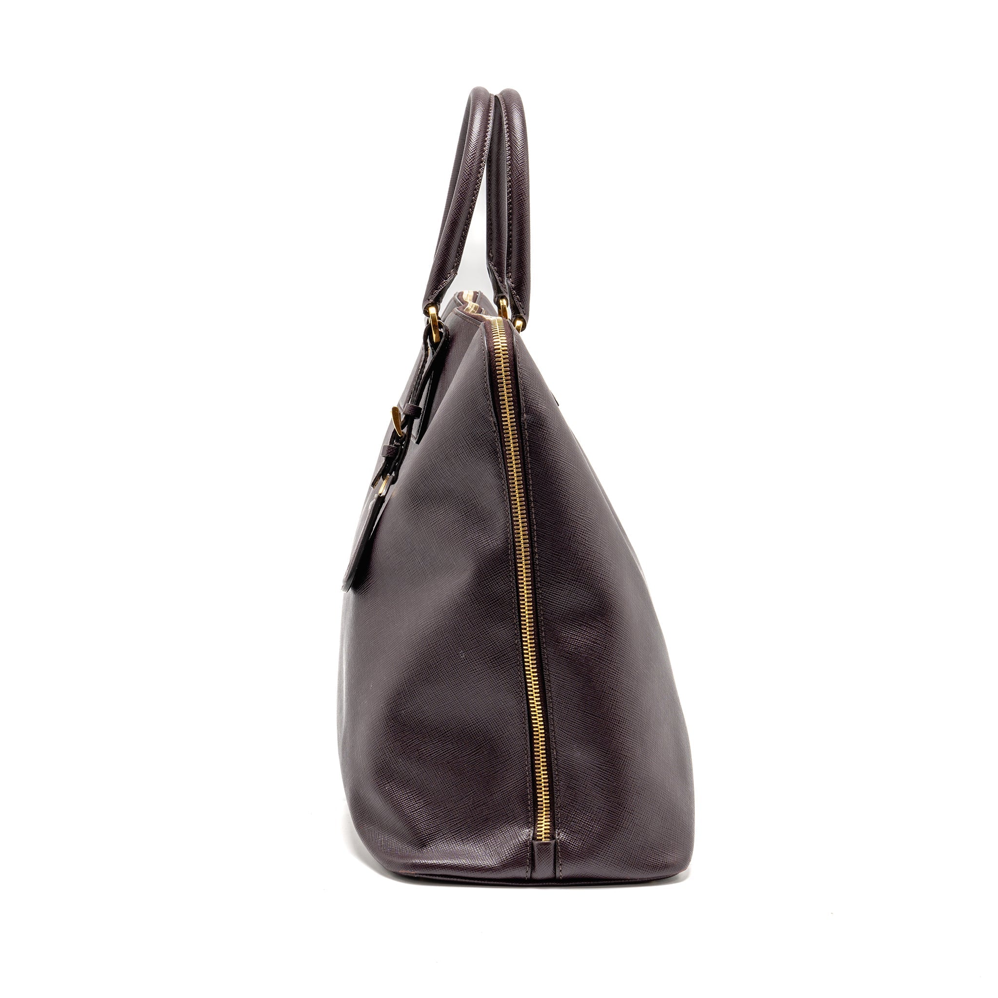 PRADA SAFFIANO VERNICE PROMENADE LARGE DOME TOTE BAG LEATHER MOGANO GHW