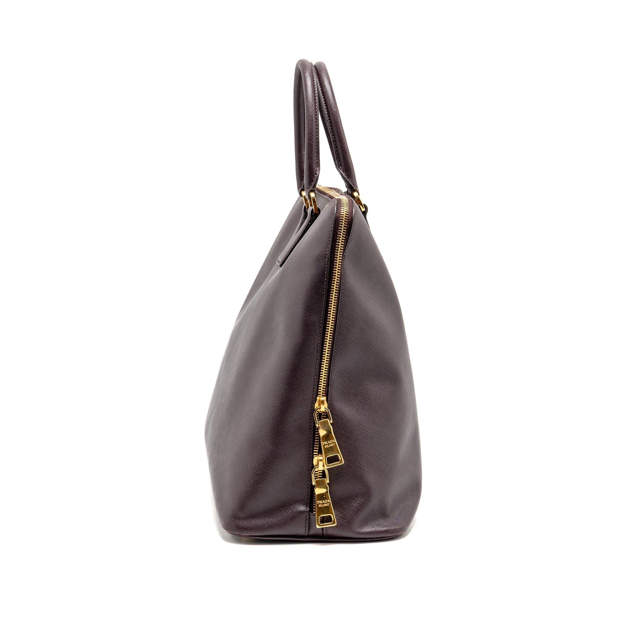 PRADA SAFFIANO VERNICE PROMENADE LARGE DOME TOTE BAG LEATHER MOGANO GHW