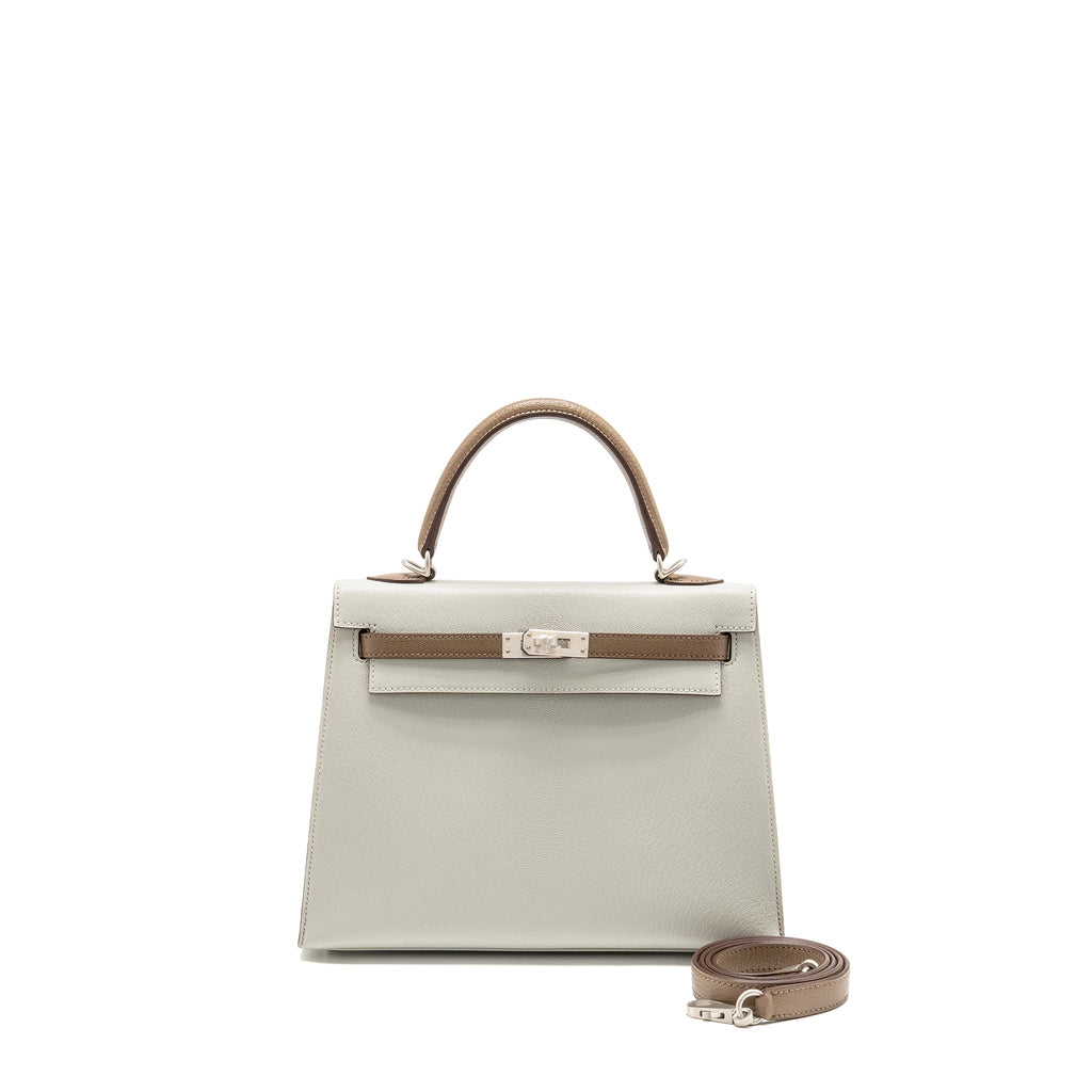 HERMES KELLY 25 SPECIAL ORDER CHÈVRE MYSORE GRIS PERLE/ETOUPE BRUSHED SHW