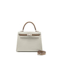 HERMES KELLY 25 SPECIAL ORDER CHÈVRE MYSORE GRIS PERLE/ETOUPE BRUSHED SHW