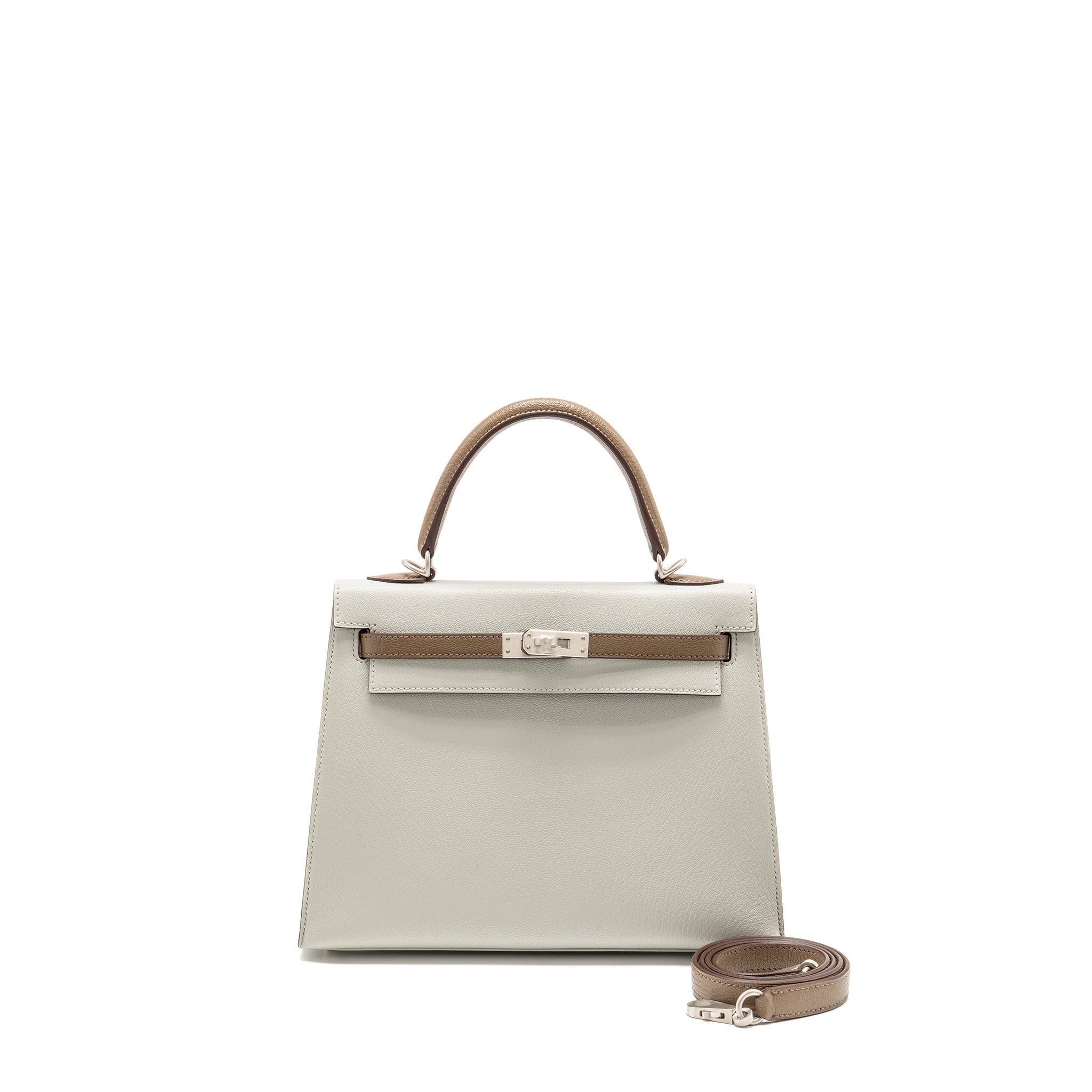 HERMES KELLY 25 SPECIAL ORDER CHÈVRE MYSORE GRIS PERLE/ETOUPE BRUSHED SHW