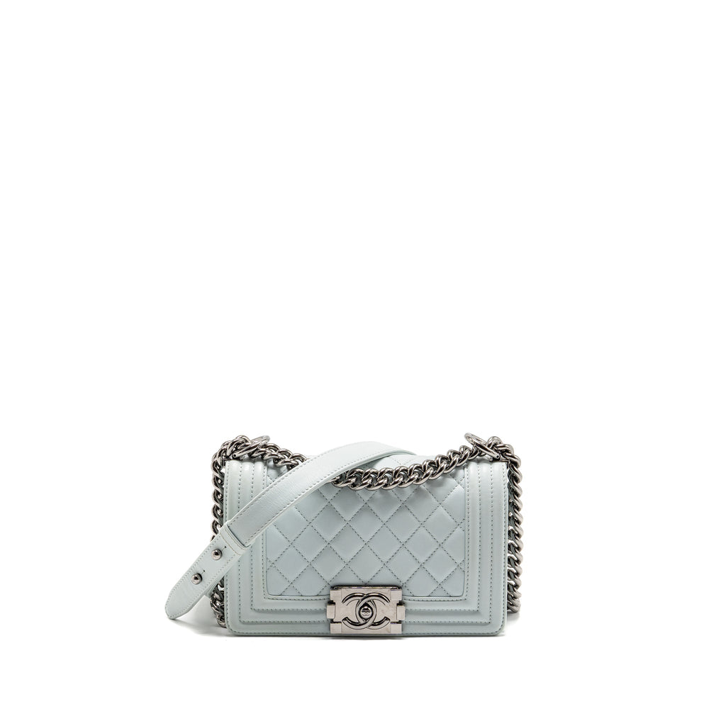 CHANEL SMALL BOY BAG CALFSKIN LIGHT BLUE SHW (MICROCHIP)