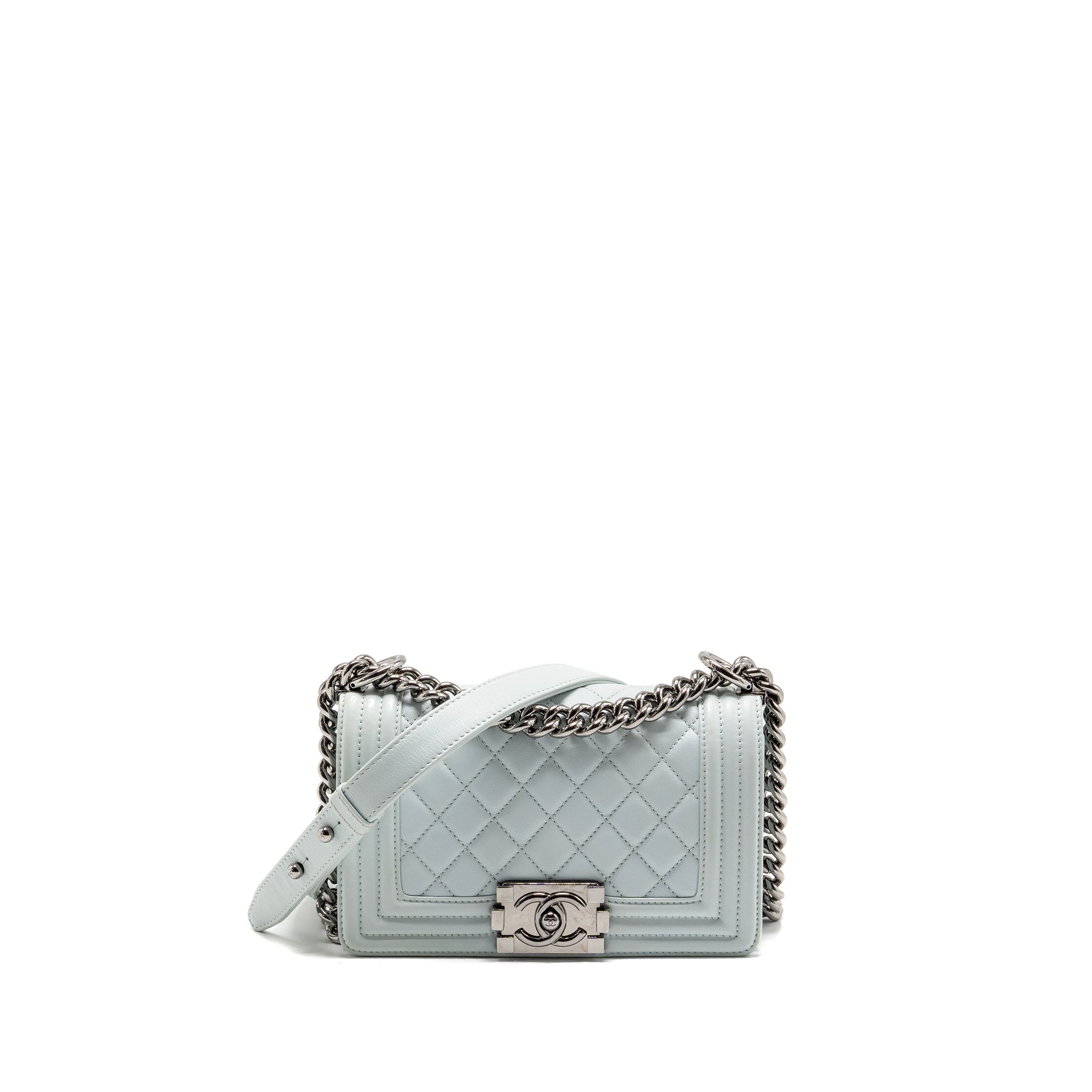 CHANEL SMALL BOY BAG CALFSKIN LIGHT BLUE SHW (MICROCHIP)