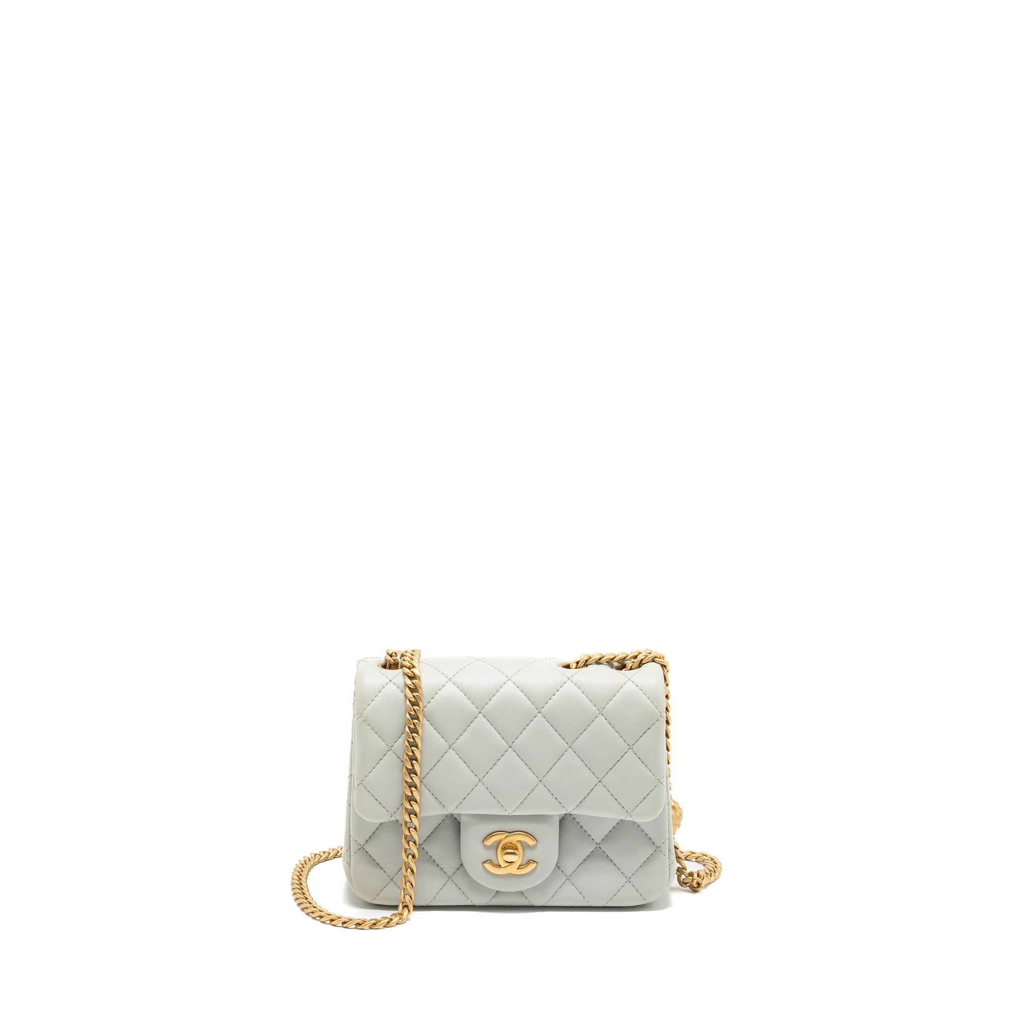 CHANEL CAMELLIA ADJUSTABLE CHAIN MINI SQUARE FLAP BAG LAMBSKIN LIGHT GREY GHW (MICROCHIP)