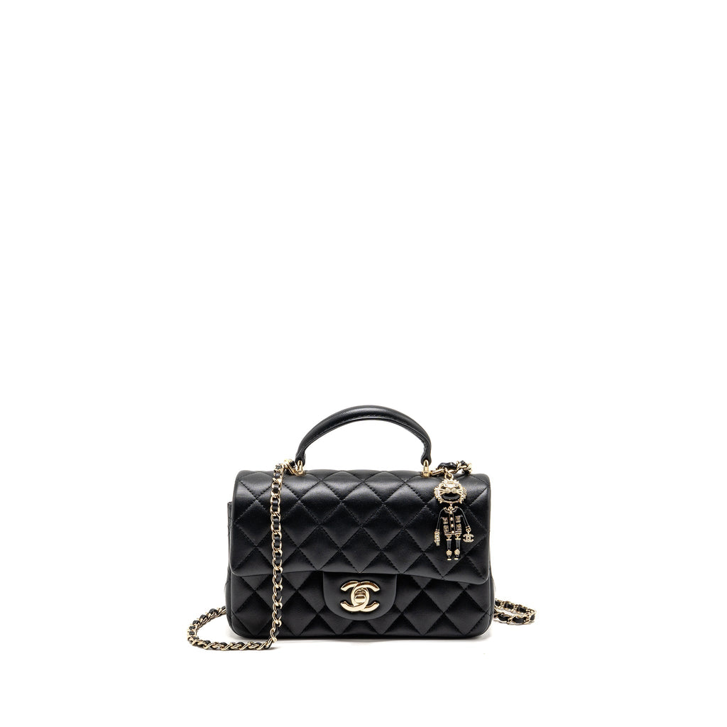 CHANEL TOP HANDLE MINI RECTANGULAR WITH DETAILED CHARM LAMBSKIN BLACK LGHW (MICROCHIP)