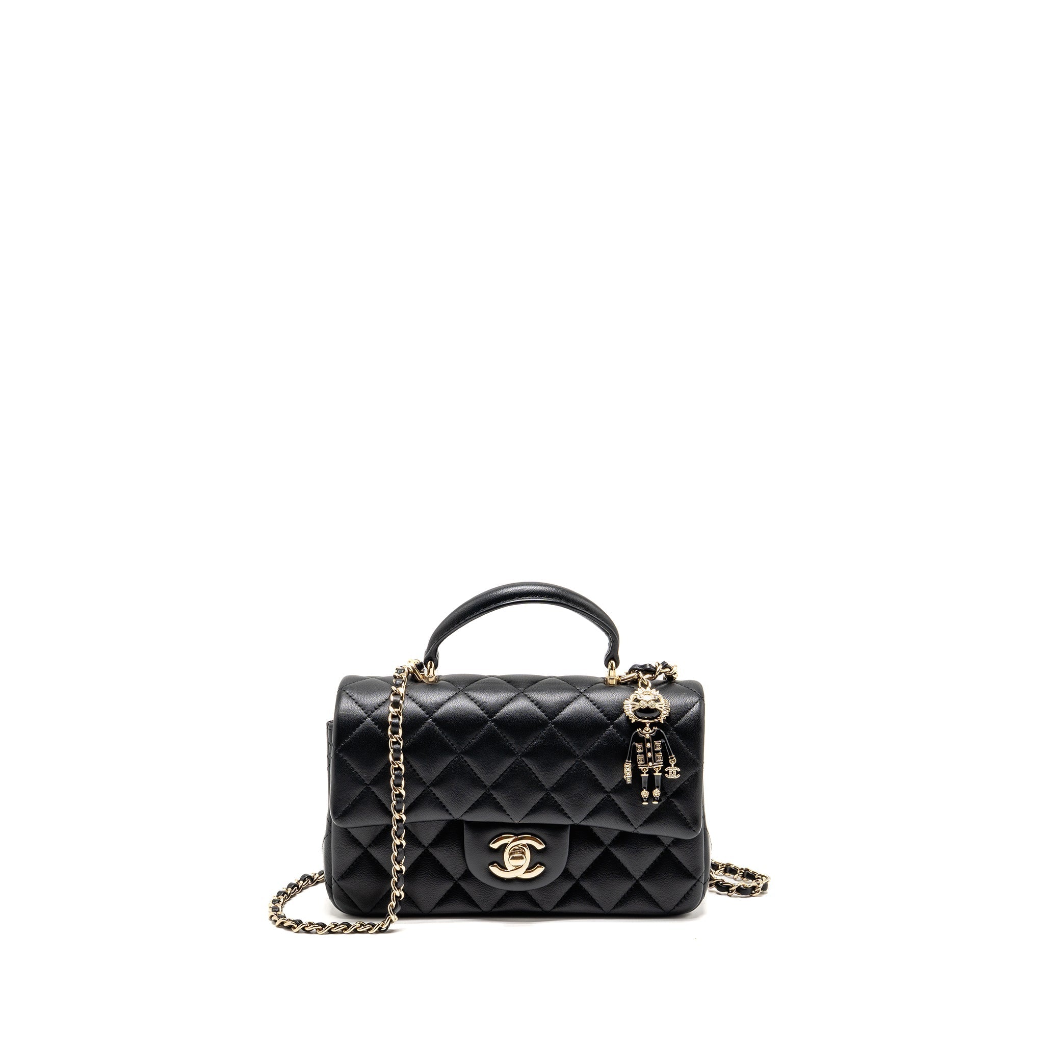 CHANEL TOP HANDLE MINI RECTANGULAR WITH DETAILED CHARM LAMBSKIN BLACK LGHW (MICROCHIP)