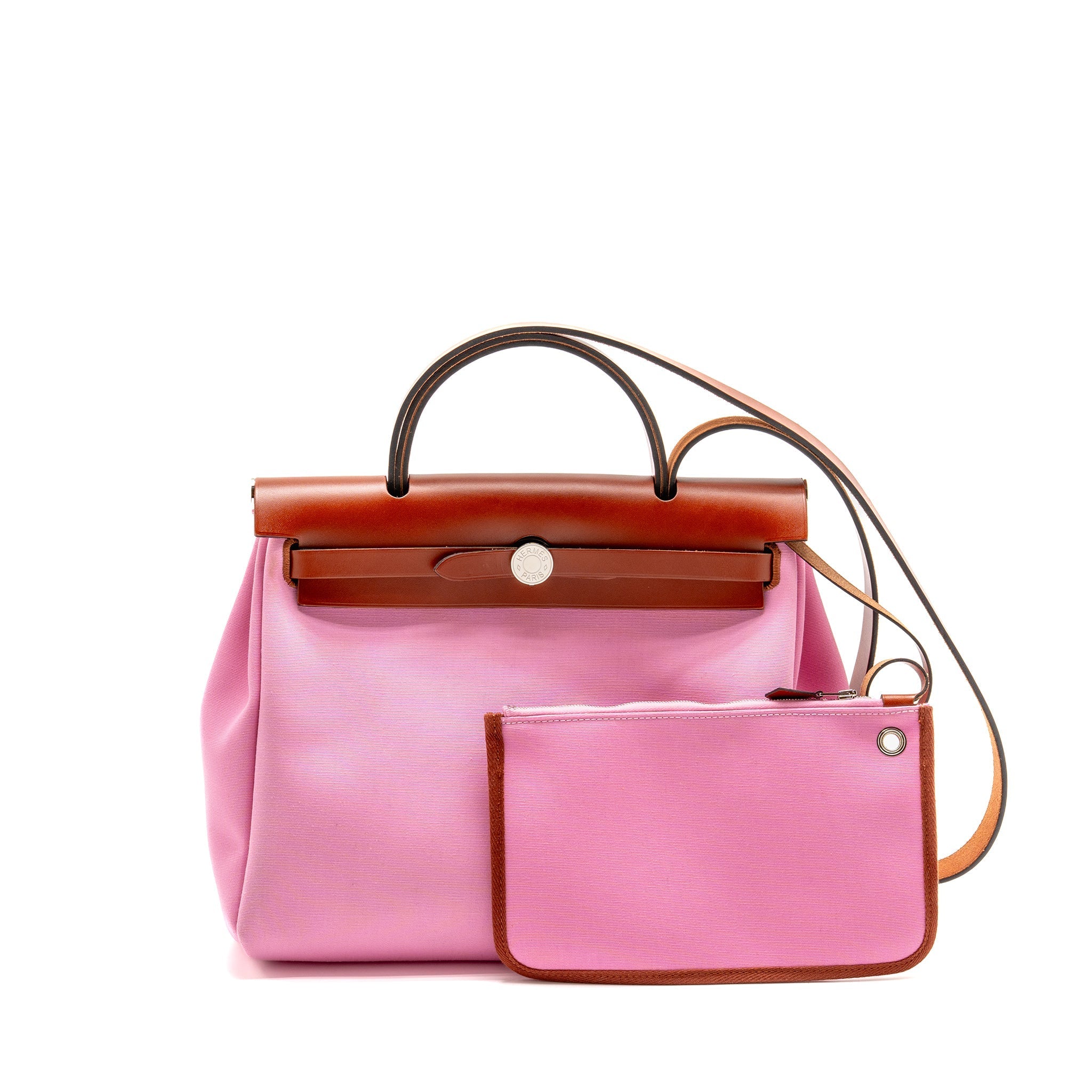 HERMES HERBAG 31 ZIP BAG CANVAS/HUNTER LEATHER PINK/CUIVRE SHW