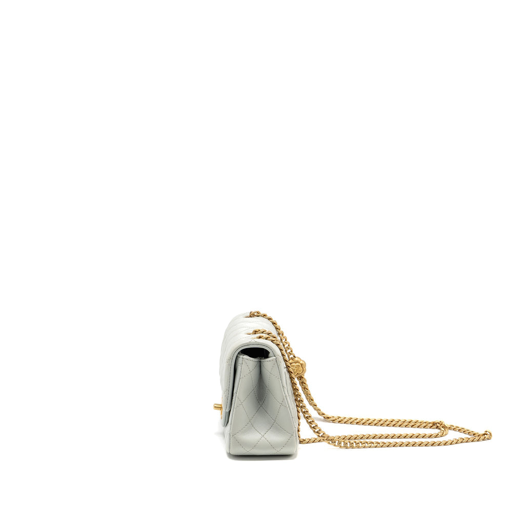 CHANEL CAMELLIA ADJUSTABLE CHAIN MINI SQUARE FLAP BAG LAMBSKIN LIGHT GREY GHW (MICROCHIP)