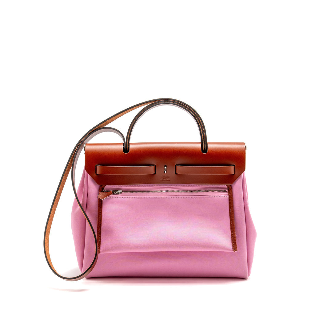 HERMES HERBAG 31 ZIP BAG CANVAS/HUNTER LEATHER PINK/CUIVRE SHW