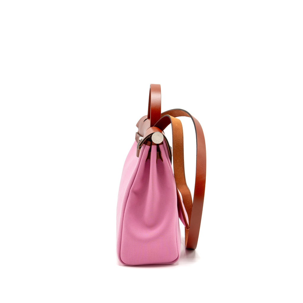 HERMES HERBAG 31 ZIP BAG CANVAS/HUNTER LEATHER PINK/CUIVRE SHW