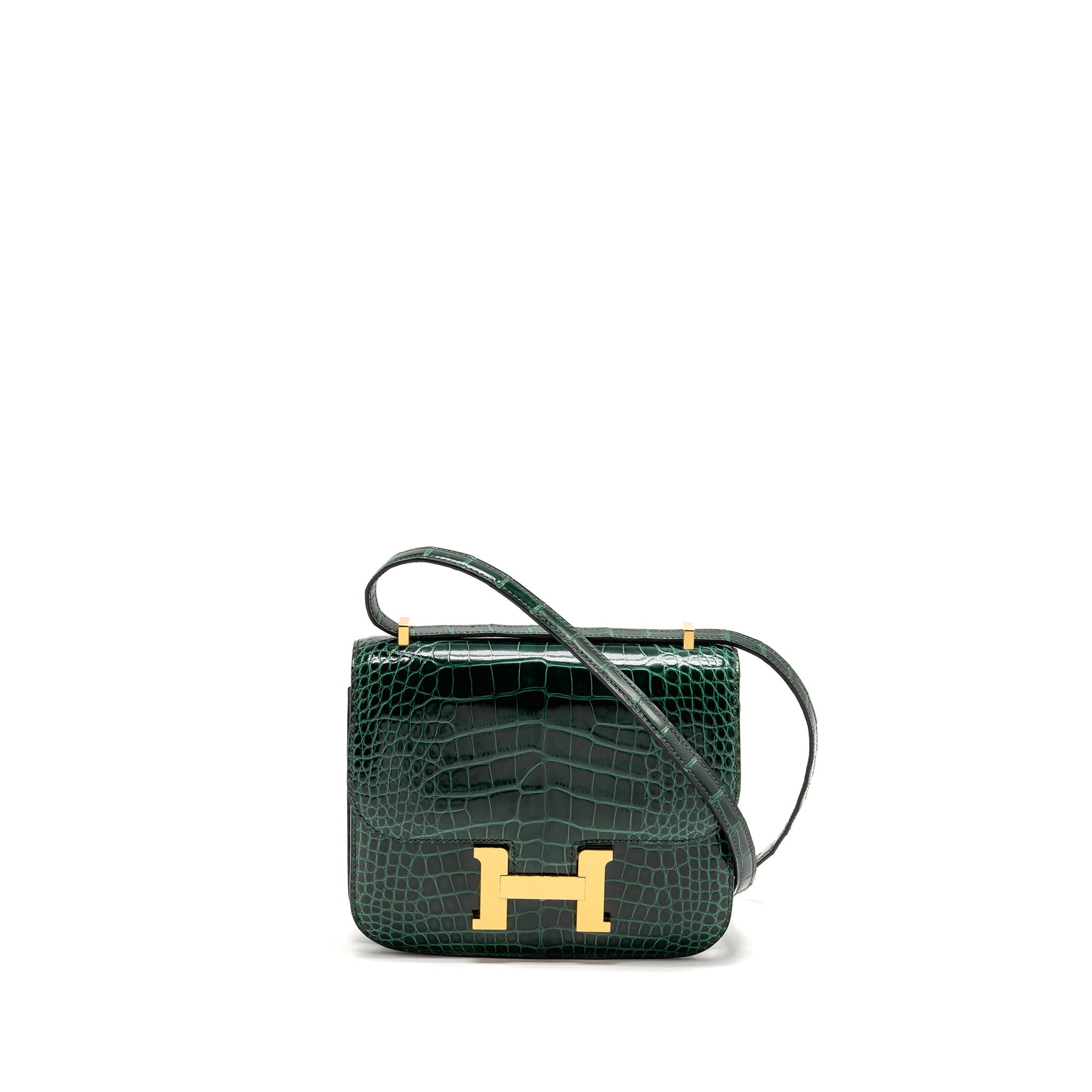HERMES MINI CONSTANCE SHINY ALLIGATOR MISSISSIPPIENSIS VERT FONCE GHW