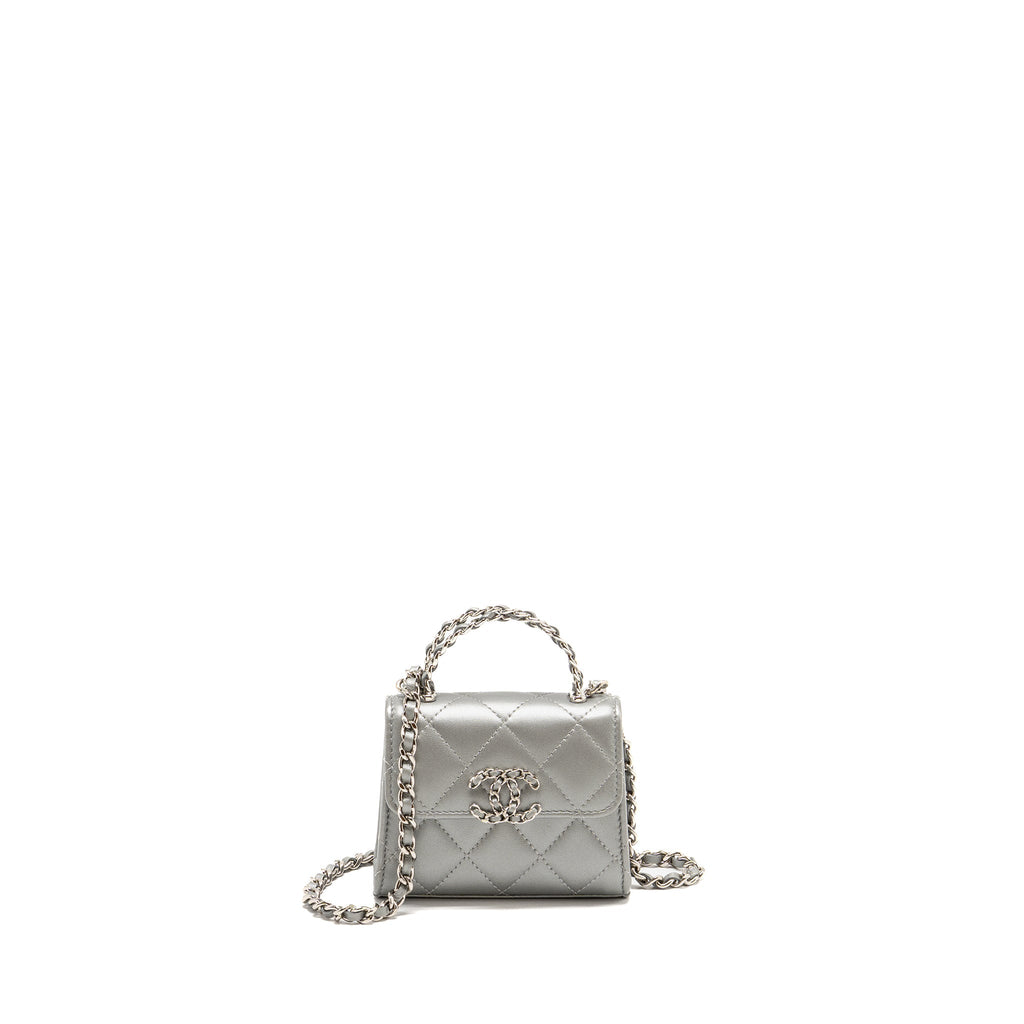 CHANEL TOP HANDLE MINI FLAP BAG WITH CHAIN LAMBSKIN SILVER SHW (MICROCHIP)
