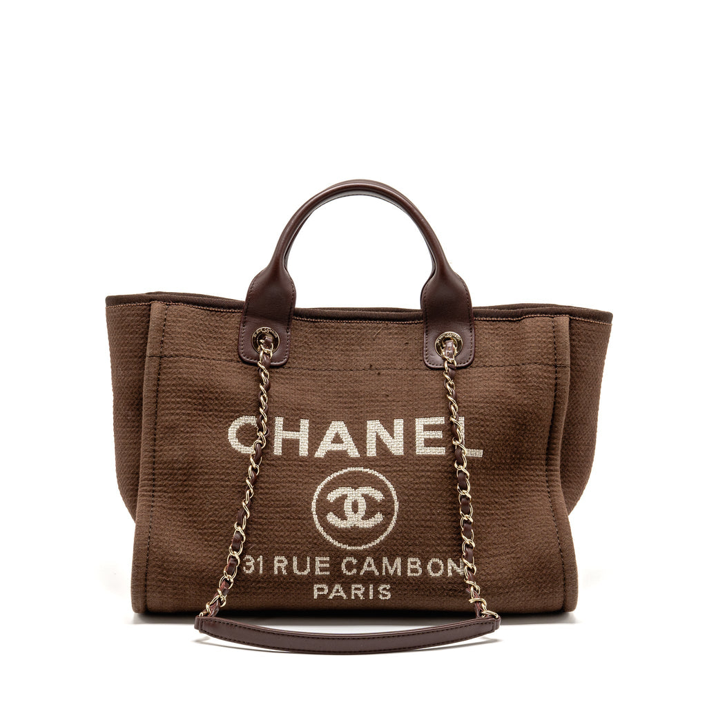 CHANEL DEAUVILLE TOTE BAG CANVAS DARK BROWN LGHW (MICROCHIP)