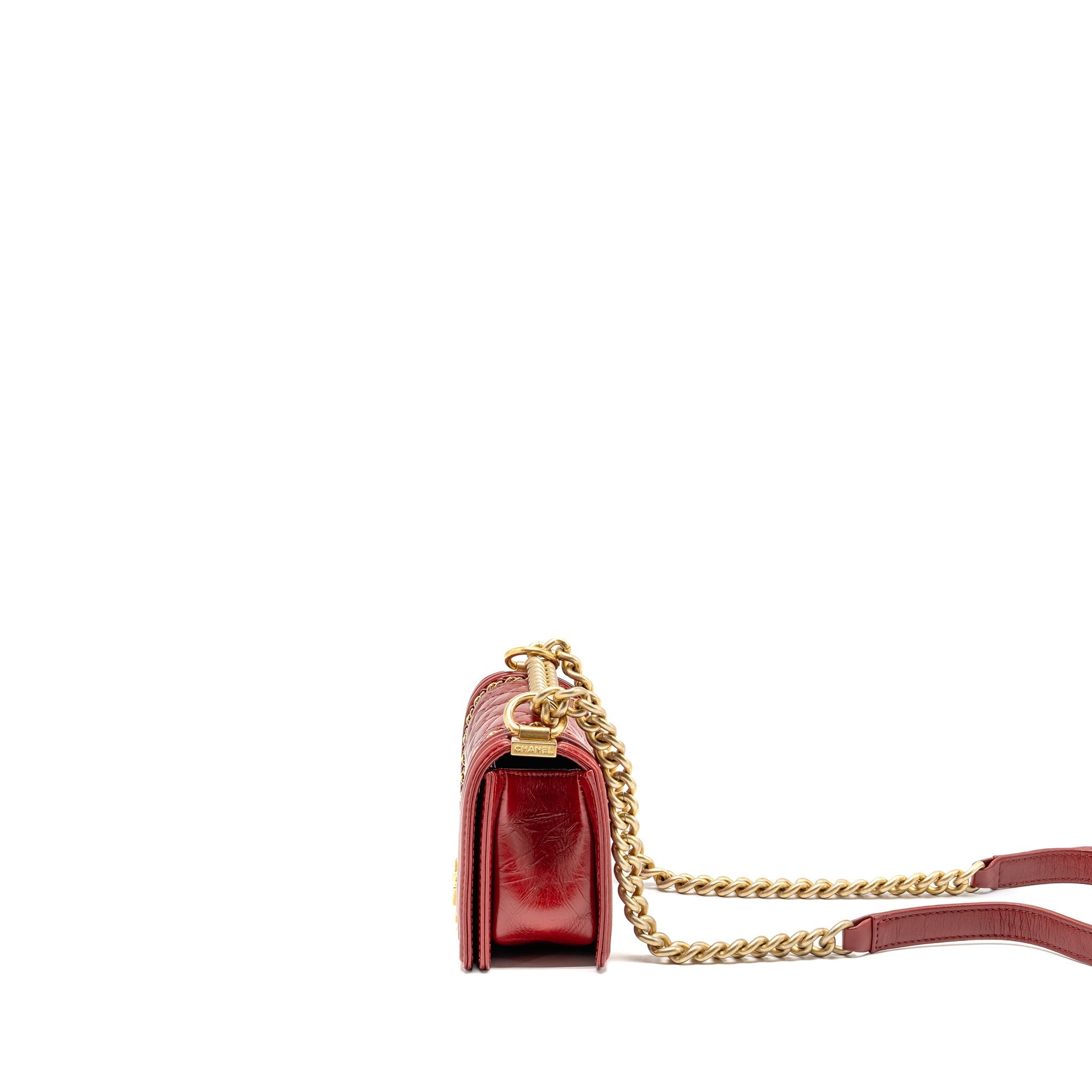 CHANEL SMALL JACKET BOY BAG AGED CALFSKIN RED GHW