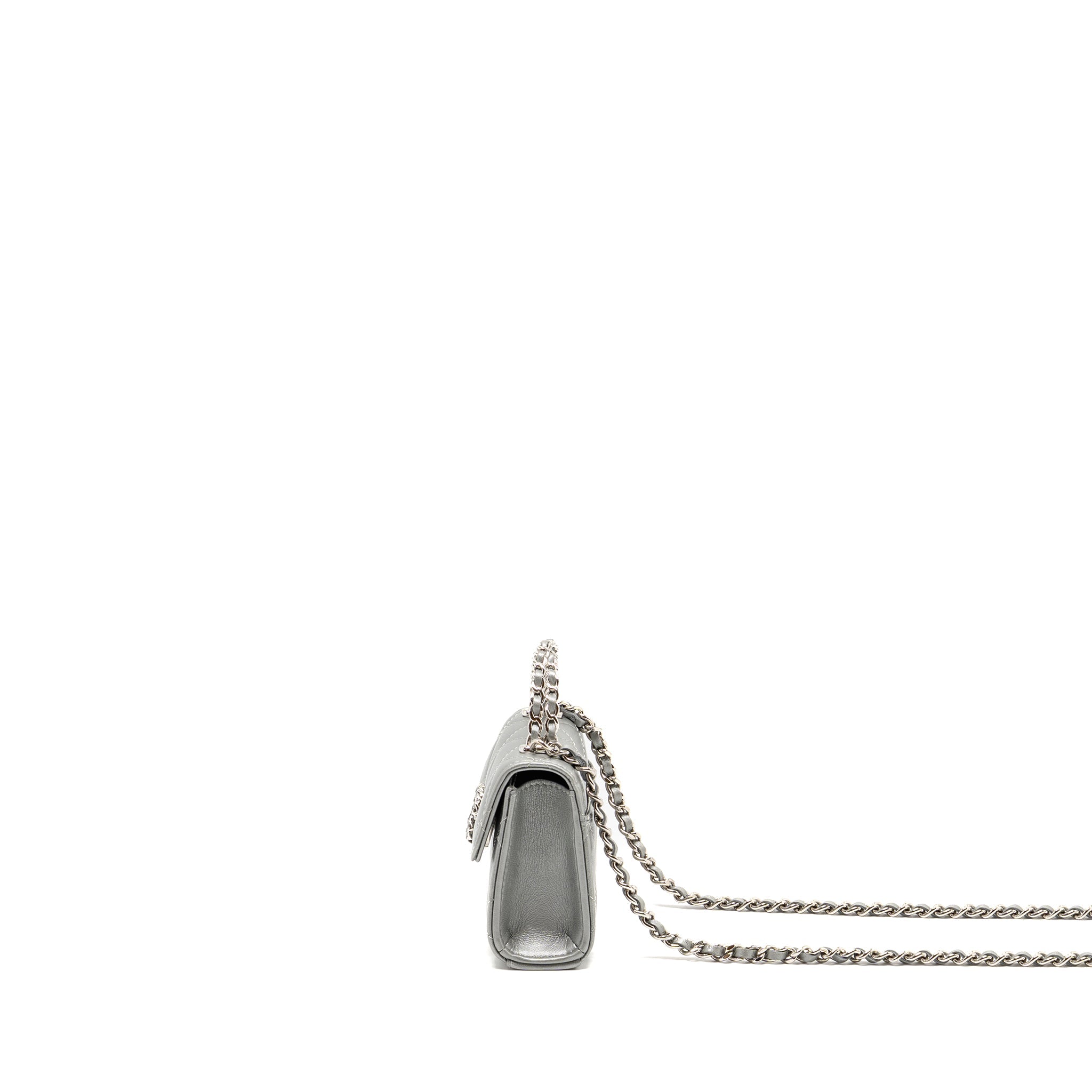 CHANEL TOP HANDLE MINI FLAP BAG WITH CHAIN LAMBSKIN SILVER SHW (MICROCHIP)
