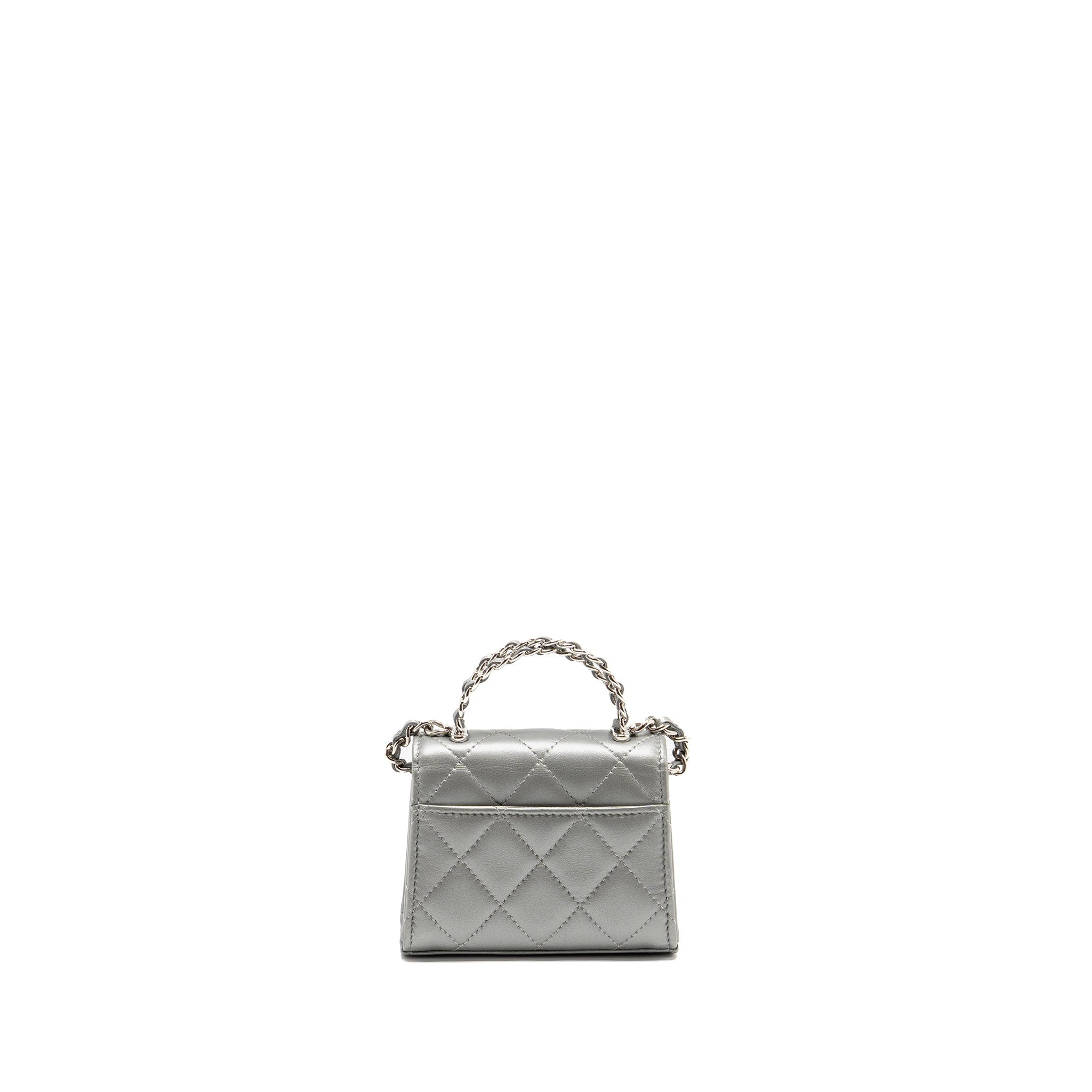 CHANEL TOP HANDLE MINI FLAP BAG WITH CHAIN LAMBSKIN SILVER SHW (MICROCHIP)