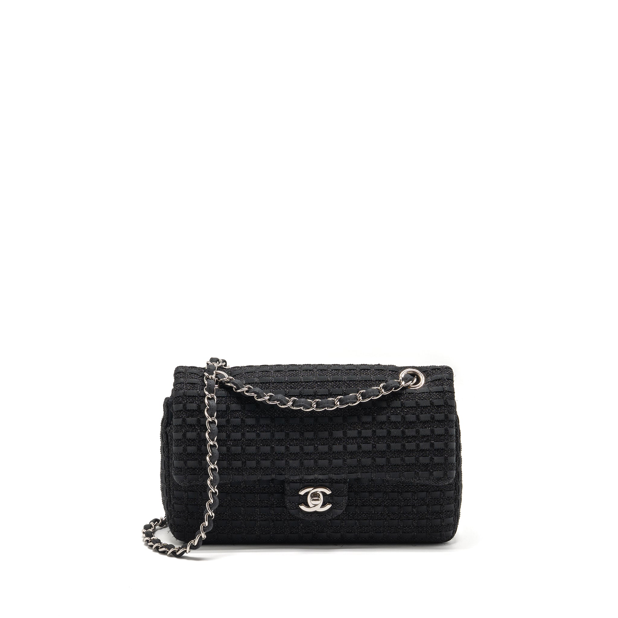 CHANEL MEDIUM CLASSIC DOUBLE FLAP BAG TWEED BLACK SHW