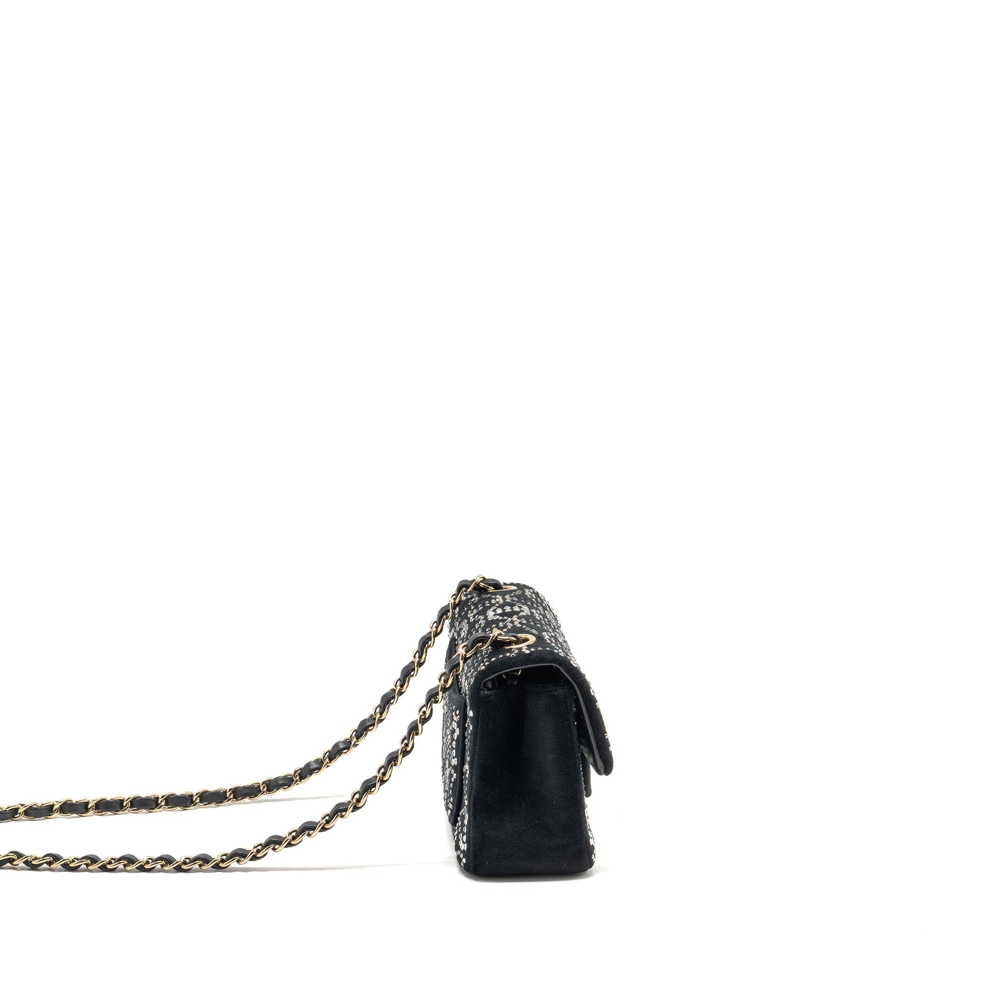 CHANEL MINI RECTANGULAR FLAP BAG VELVET WITH CRYSTAL BLACK LGHW