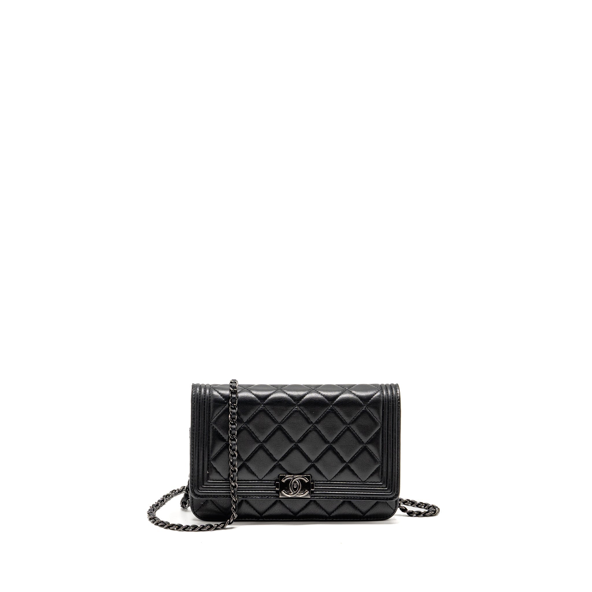CHANEL BOY WALLET ON CHAIN CALFSKIN BLACK WITH BLACK HARDWARE