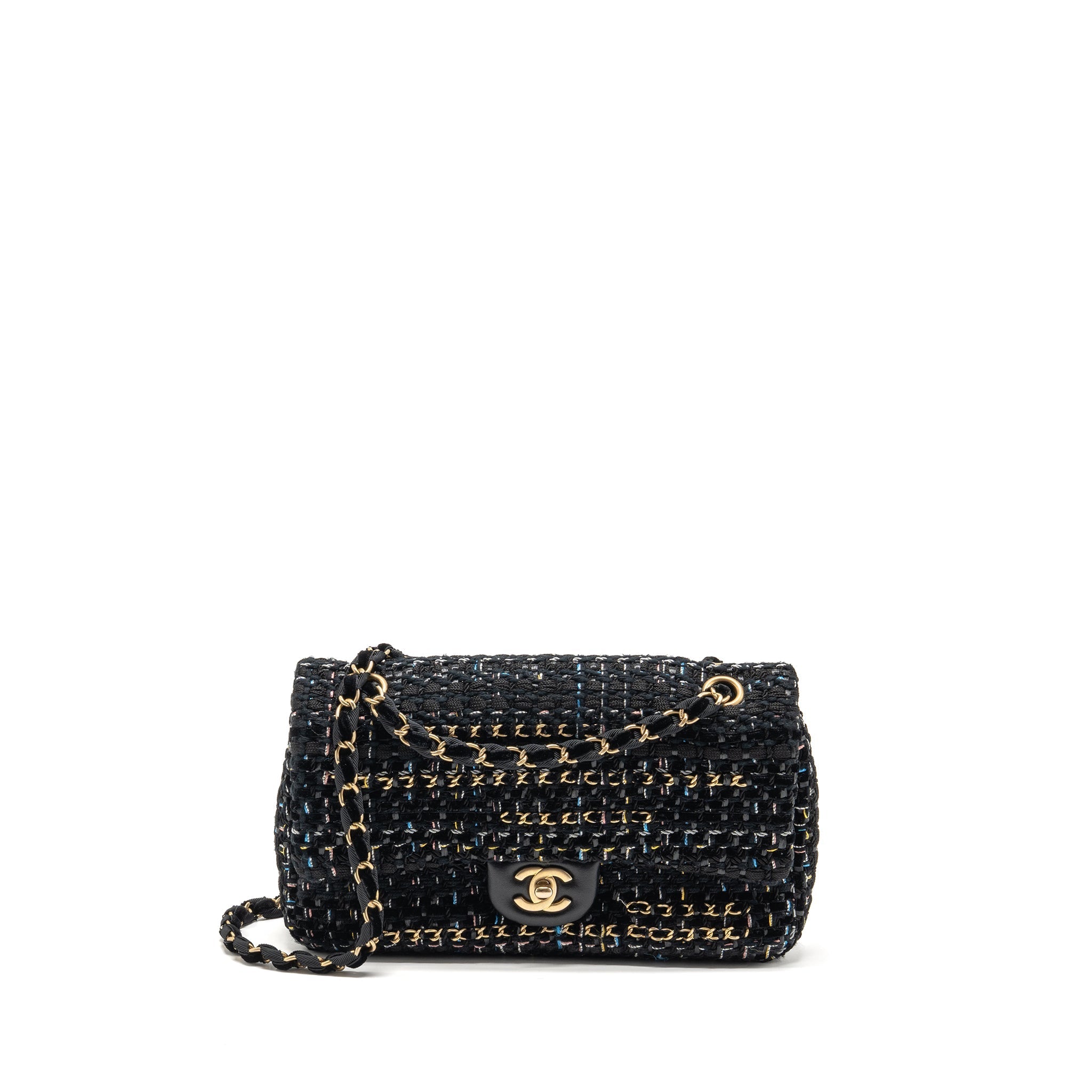 CHANEL MEDIUM SINGLE FLAP BAG TWEED BLACK GHW